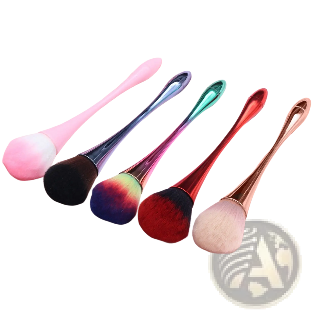 Set of five professional makeup brushes with colorful gradient handles and soft fluffy bristles for flawless powder application