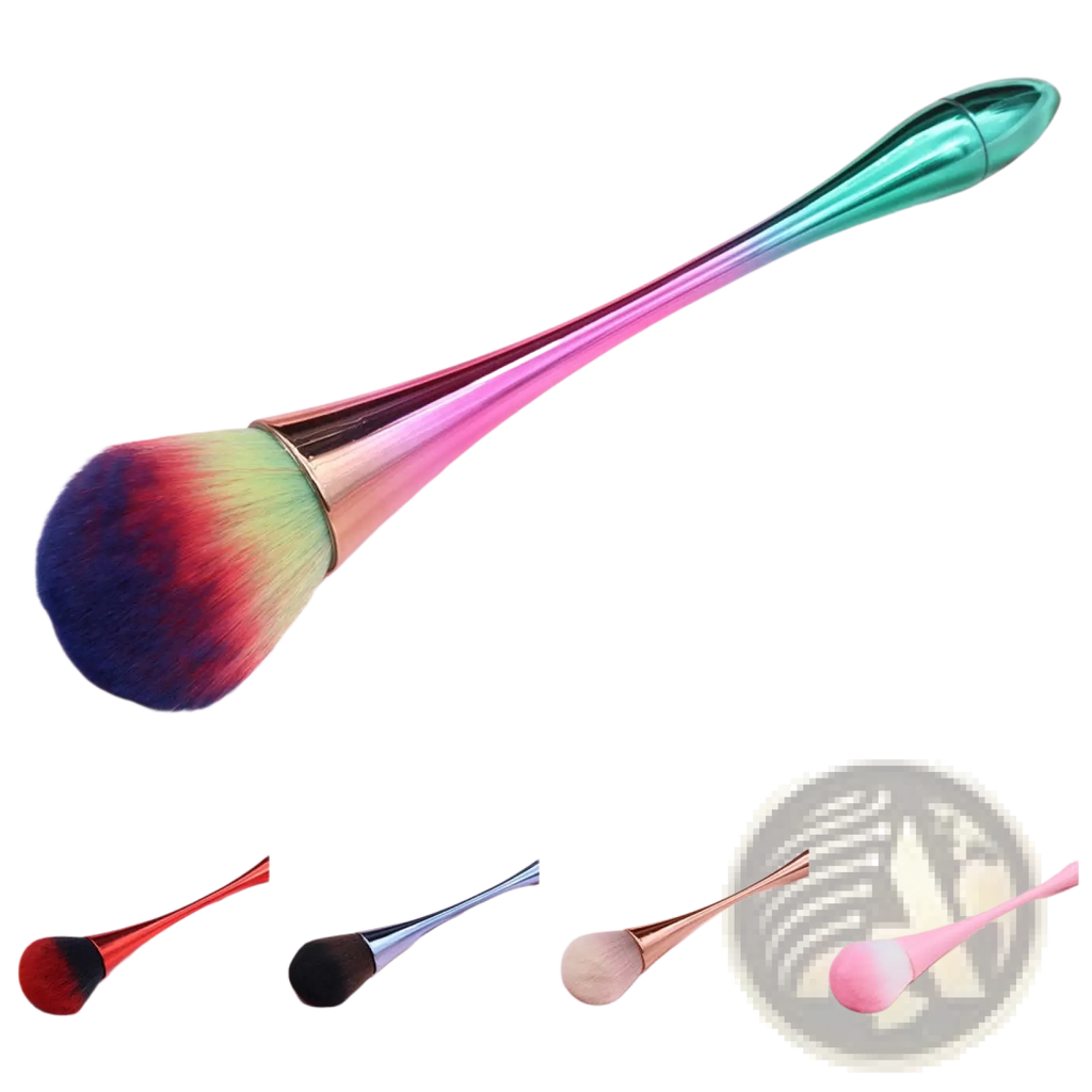 Professional makeup brush with a rainbow gradient metallic handle and a fluffy multicolored brush head for powder use