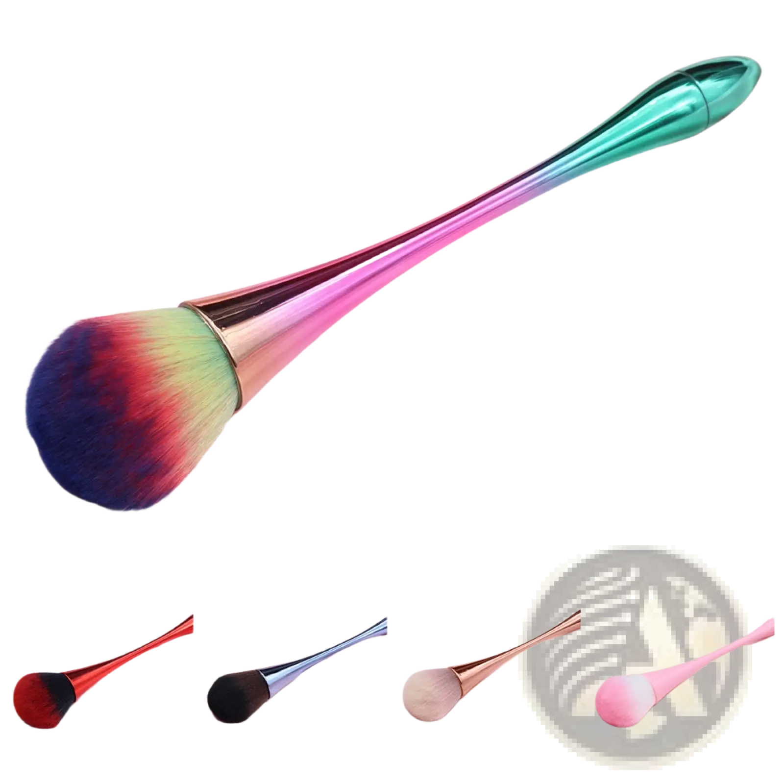 Professional makeup brush with a rainbow gradient metallic handle and a fluffy multicolored brush head for powder use