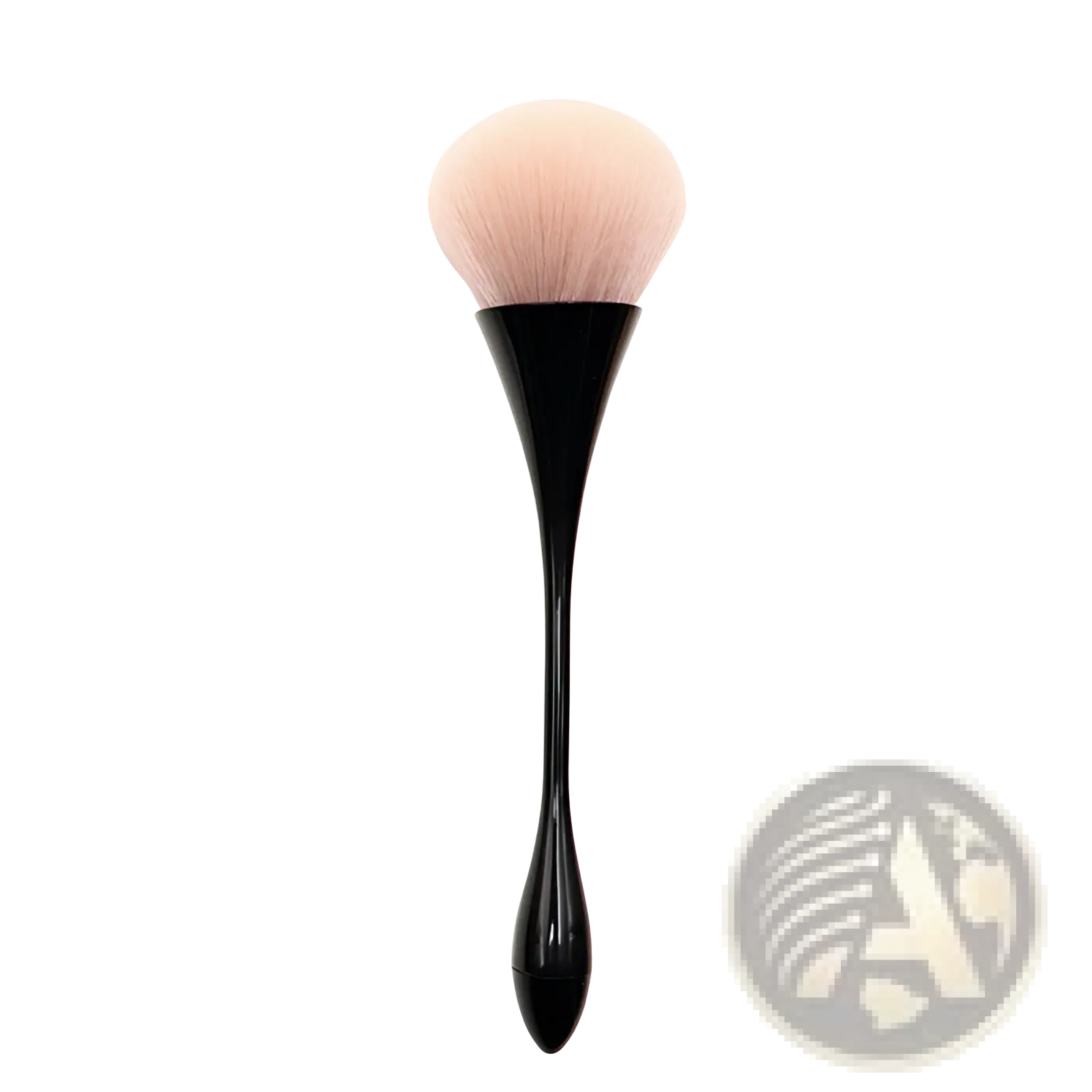 Professional makeup brush with black handle and soft light pink synthetic bristles for flawless powder application