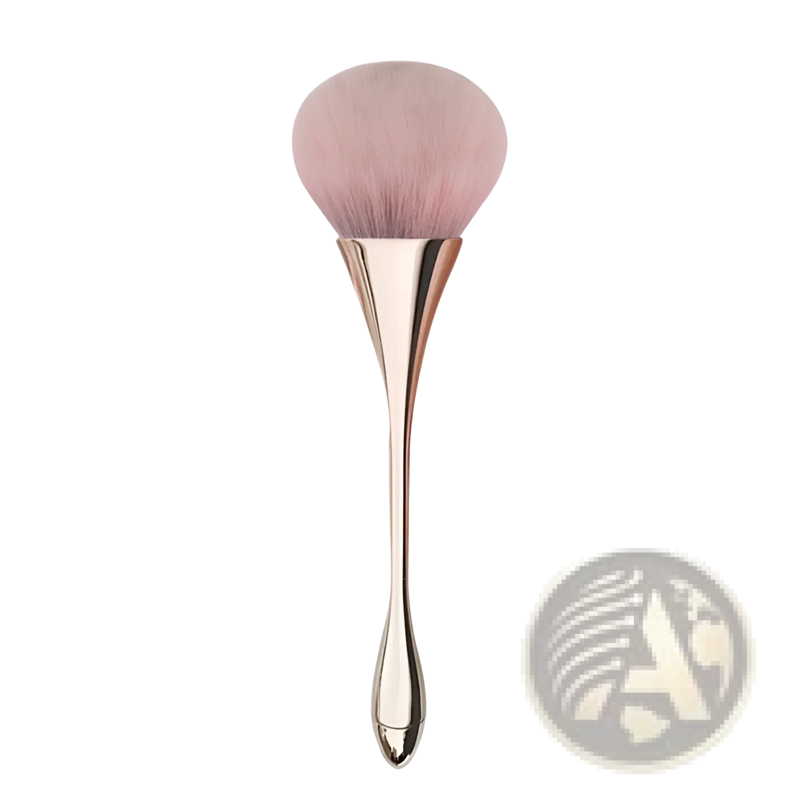 A sleek rose gold professional makeup brush with a soft fluffy pink bristle head for flawless powder application