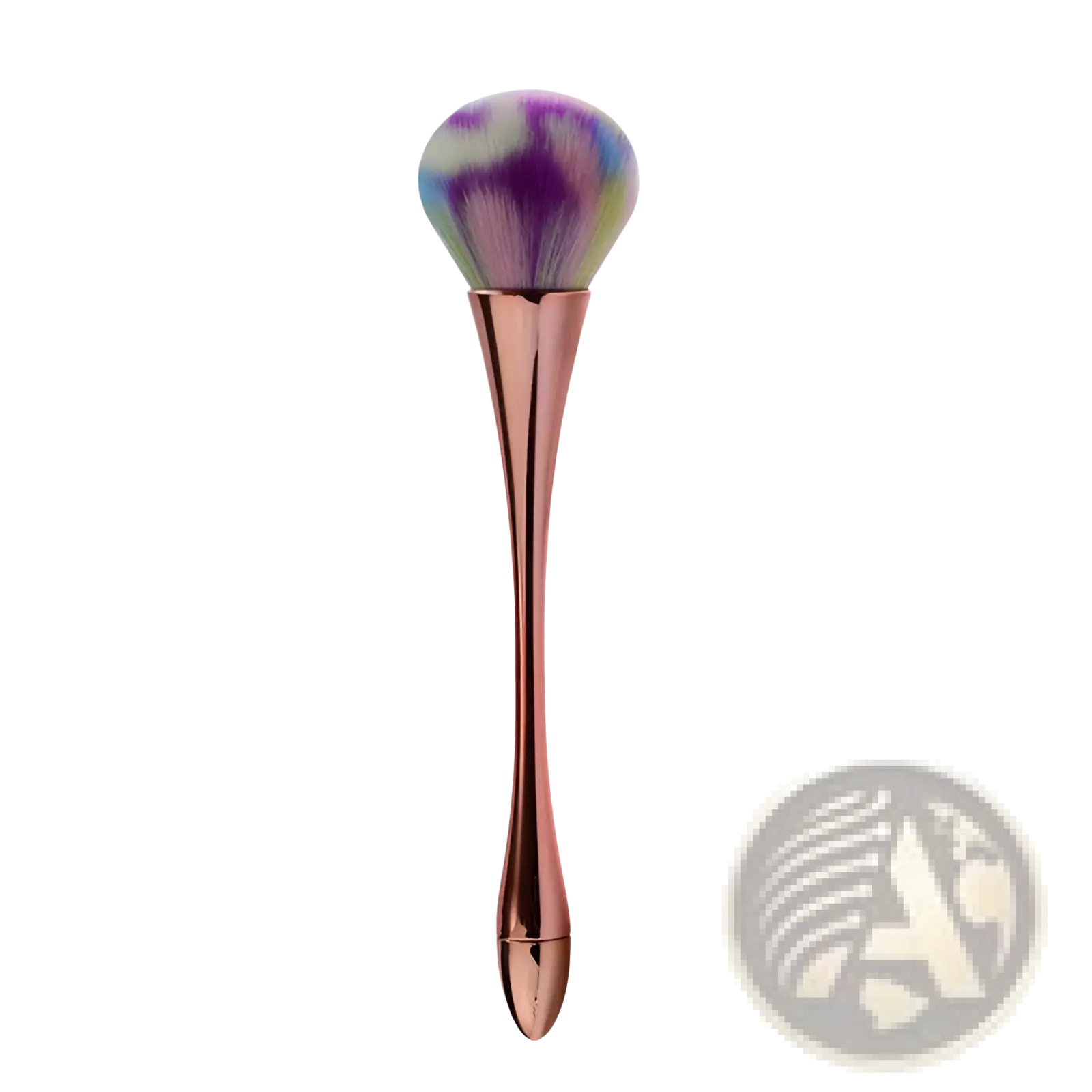 Professional makeup brush with rose gold metallic handle and vibrant iridescent purple and blue brush head for powder application