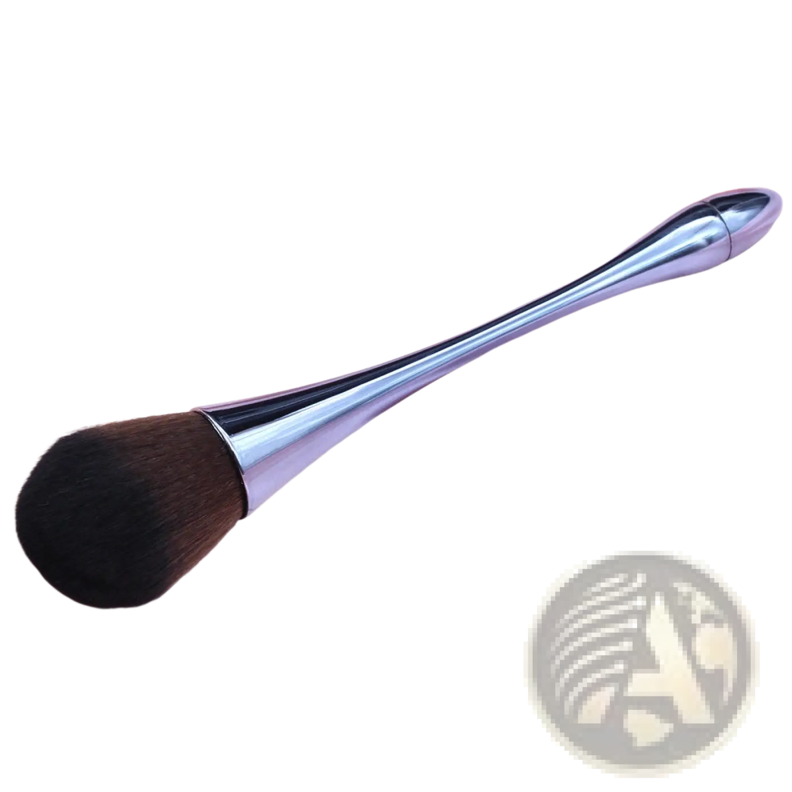 A sleek metallic finished professional makeup brush with dense black bristles for flawless powder application
