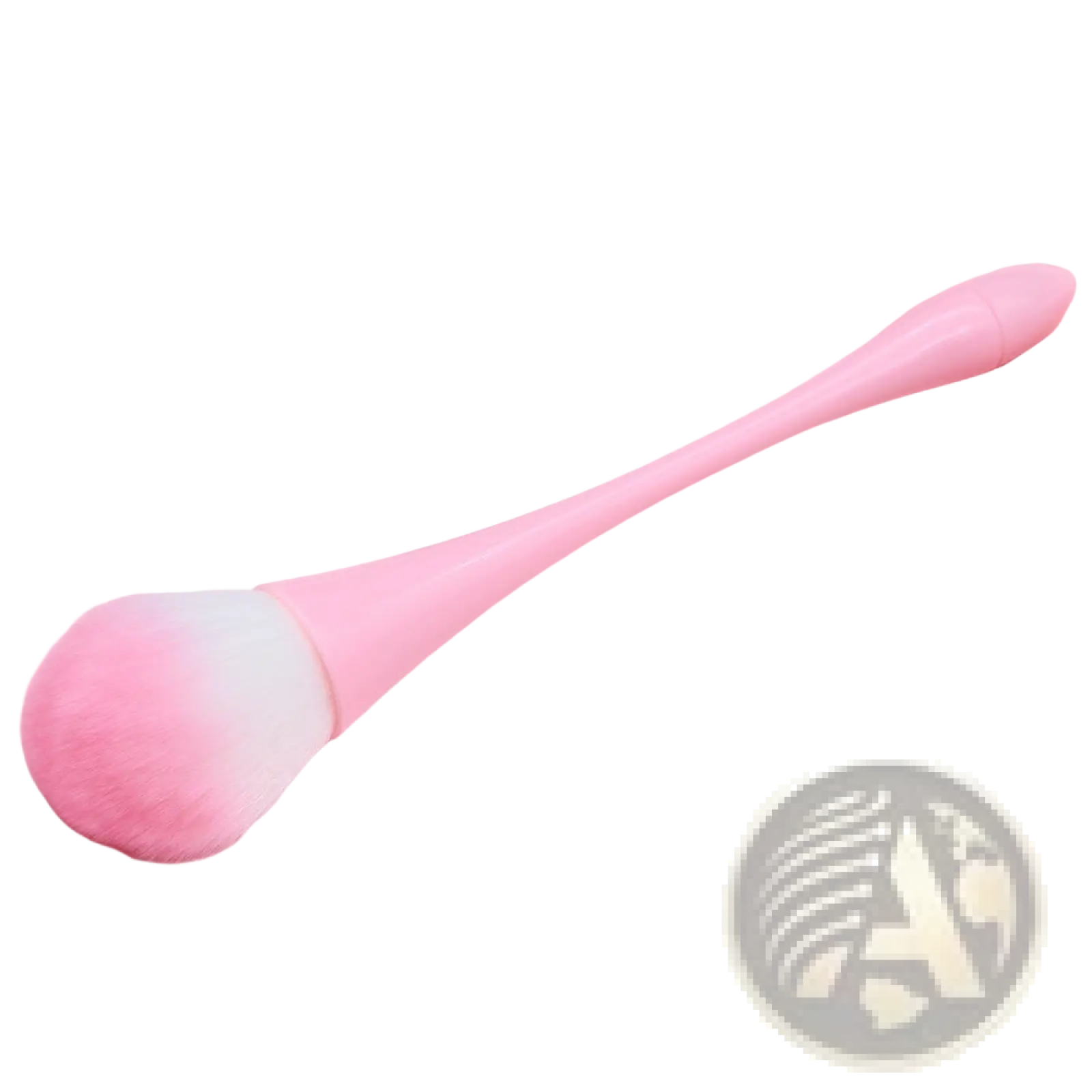 A soft pink gradient professional makeup brush with a fuzzy rounded head and smooth handle on satin fabric