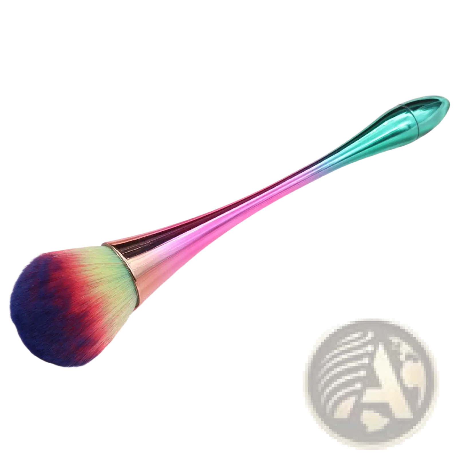 Professional makeup powder brush with rainbow gradient handle and multicolored bristles for flawless application