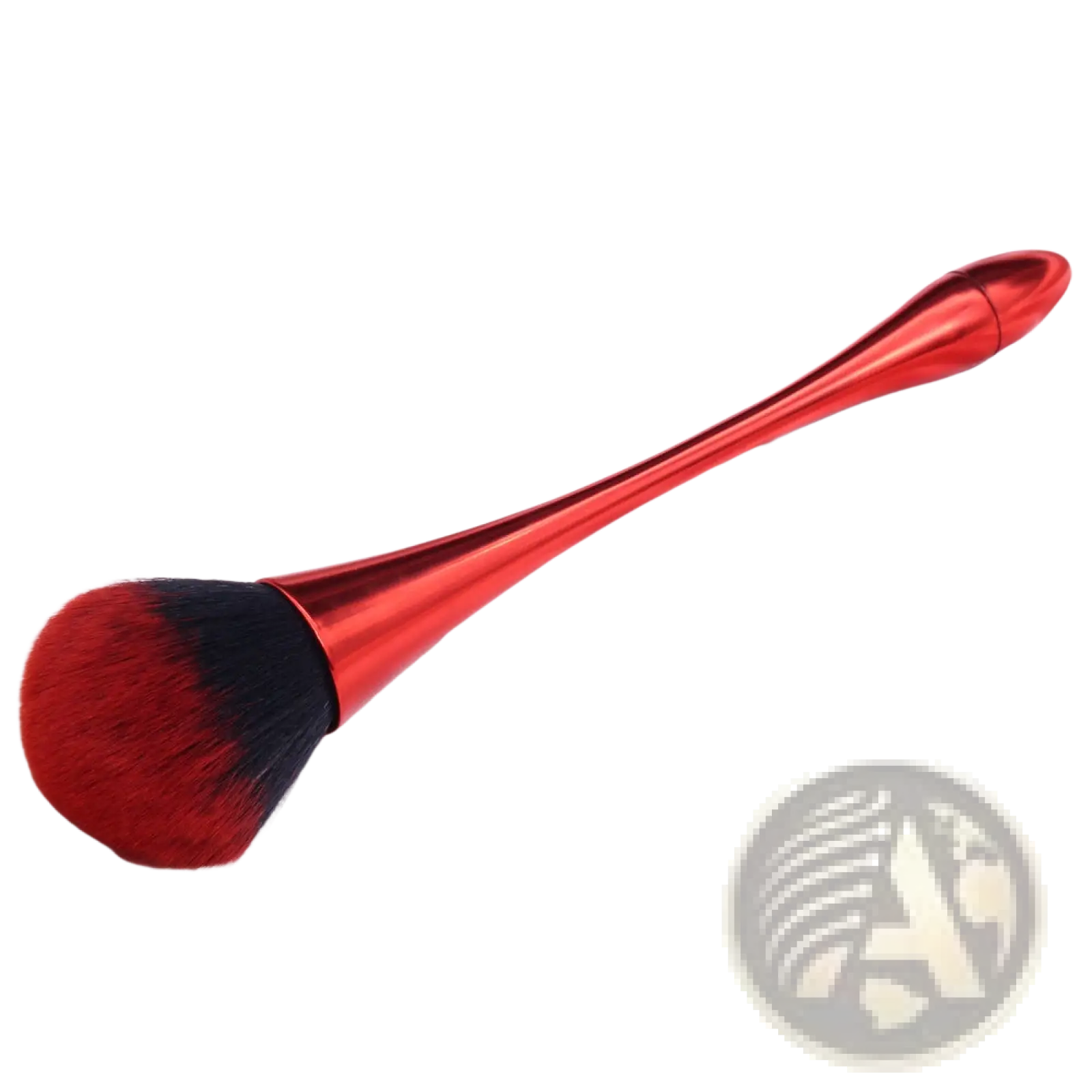 A sleek metallic red professional makeup brush with black to red bristles for flawless powder application