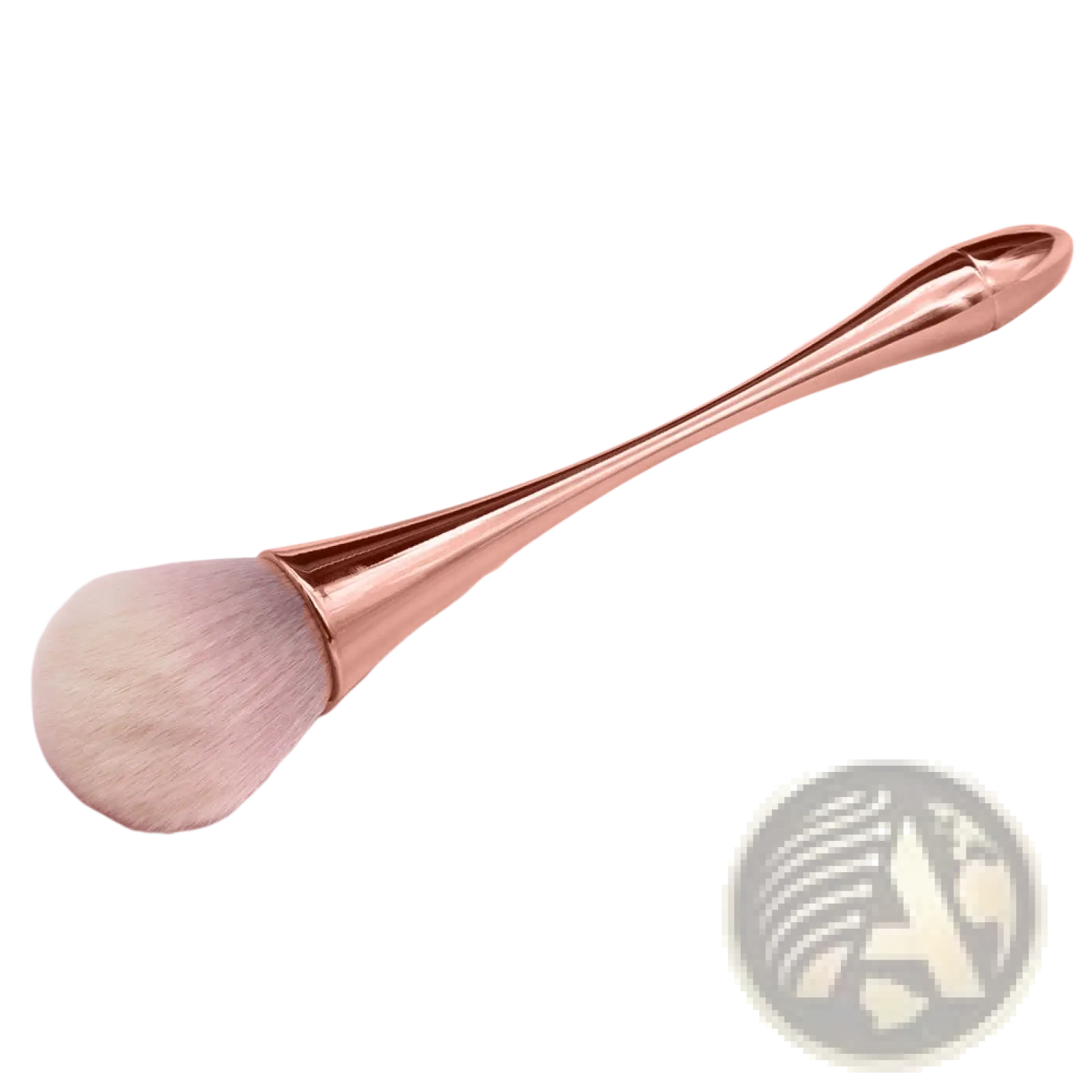 Professional makeup brush with rose gold handle and soft fluffy white bristles for flawless powder application