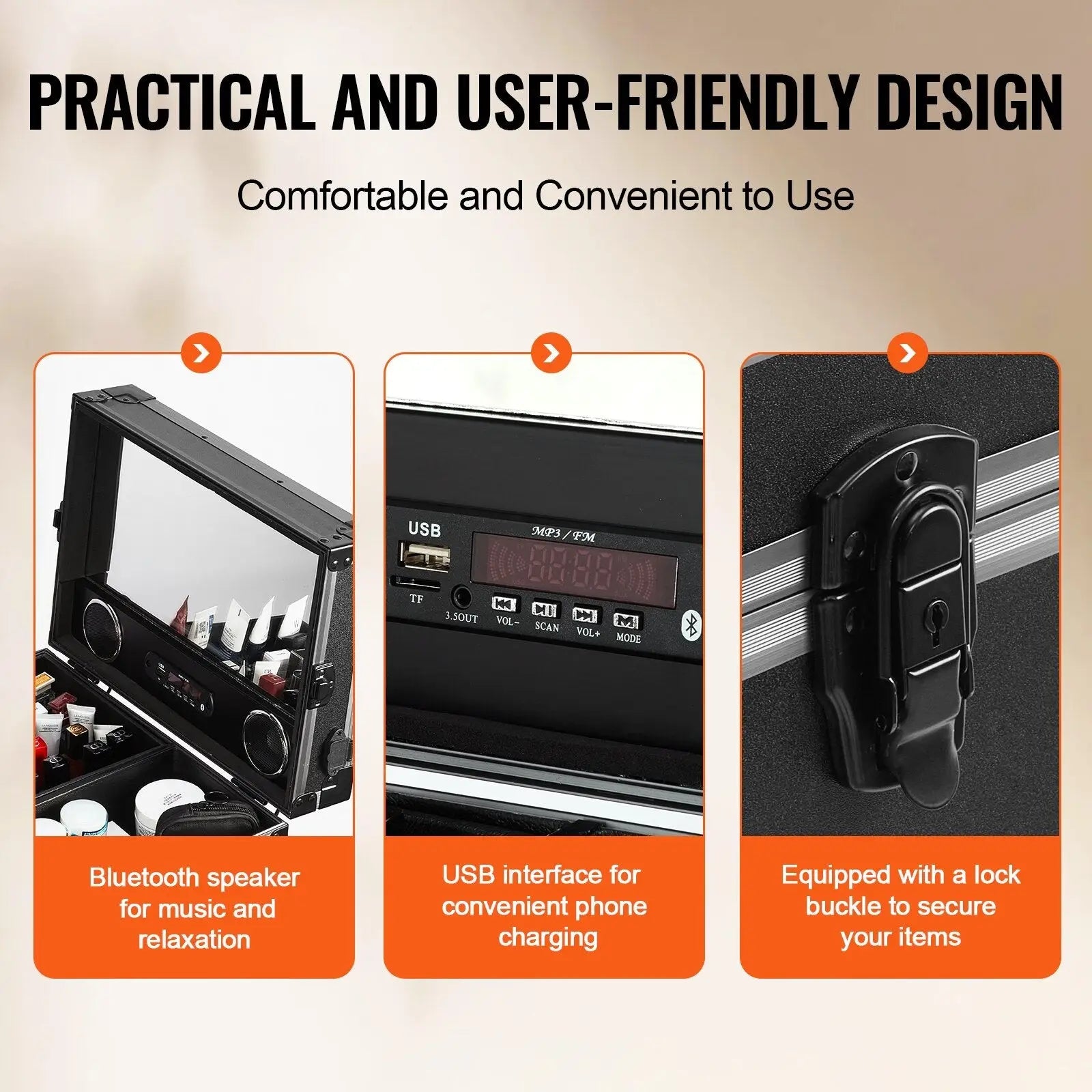 Black professional makeup train case with built-in bluetooth speaker, usb charging port, and secure lock buckle