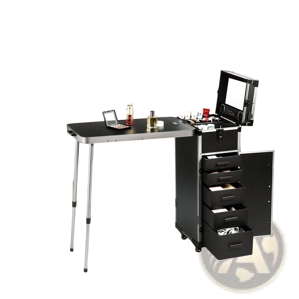 Professional black metal makeup train case with adjustable legs multiple drawers and built-in bluetooth speaker