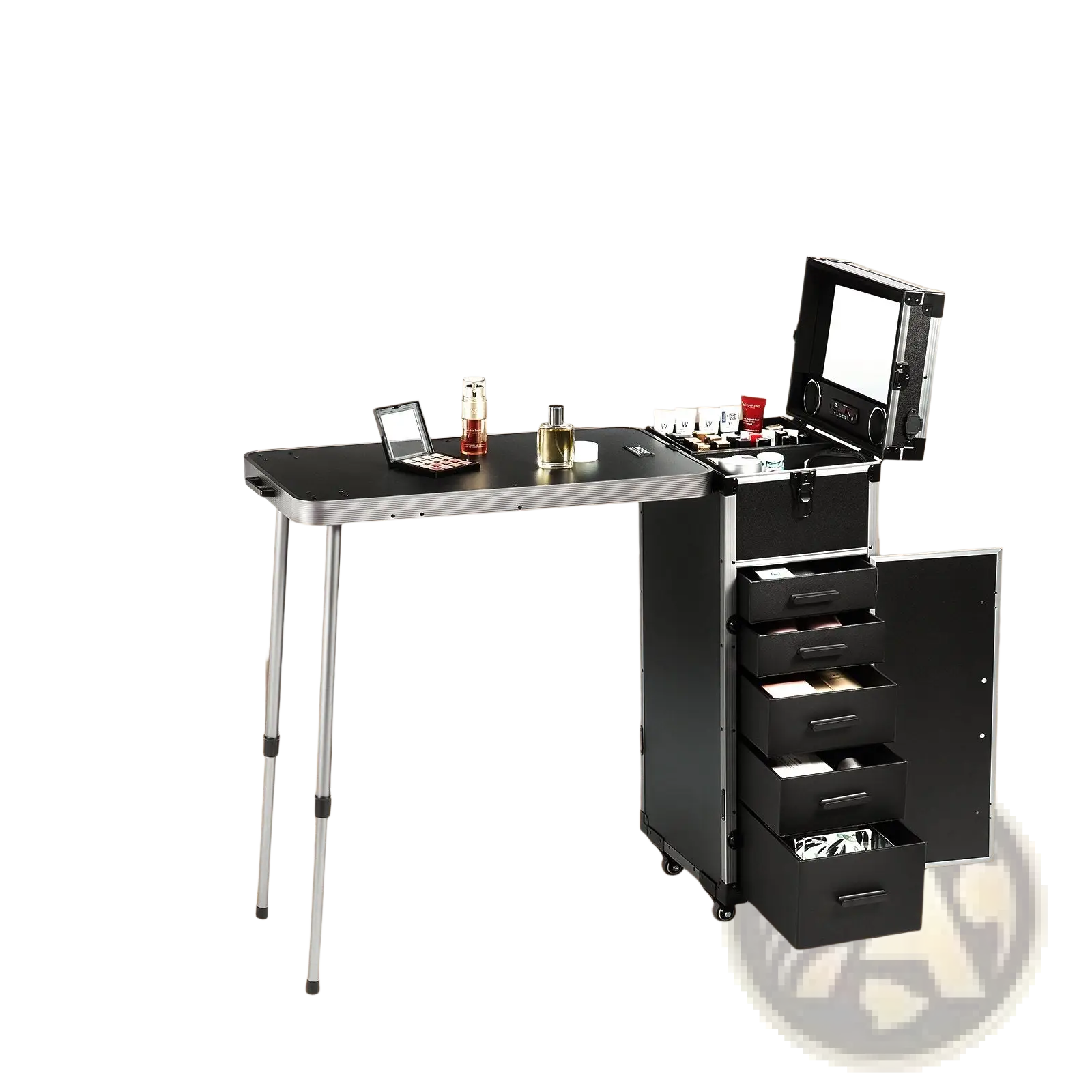 Professional black metal makeup train case with adjustable legs multiple drawers and built-in bluetooth speaker
