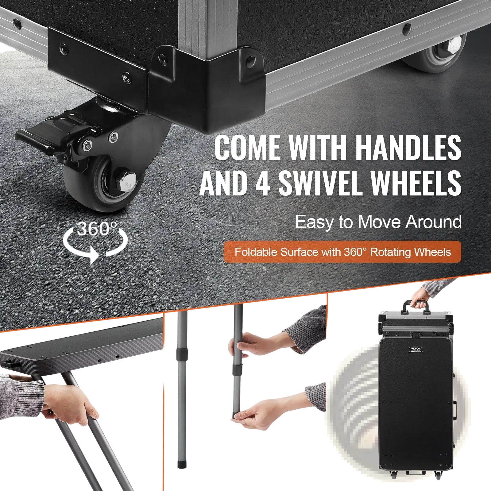 Black foldable professional makeup train case with bluetooth speaker featuring 360-degree swivel wheels and extendable handles