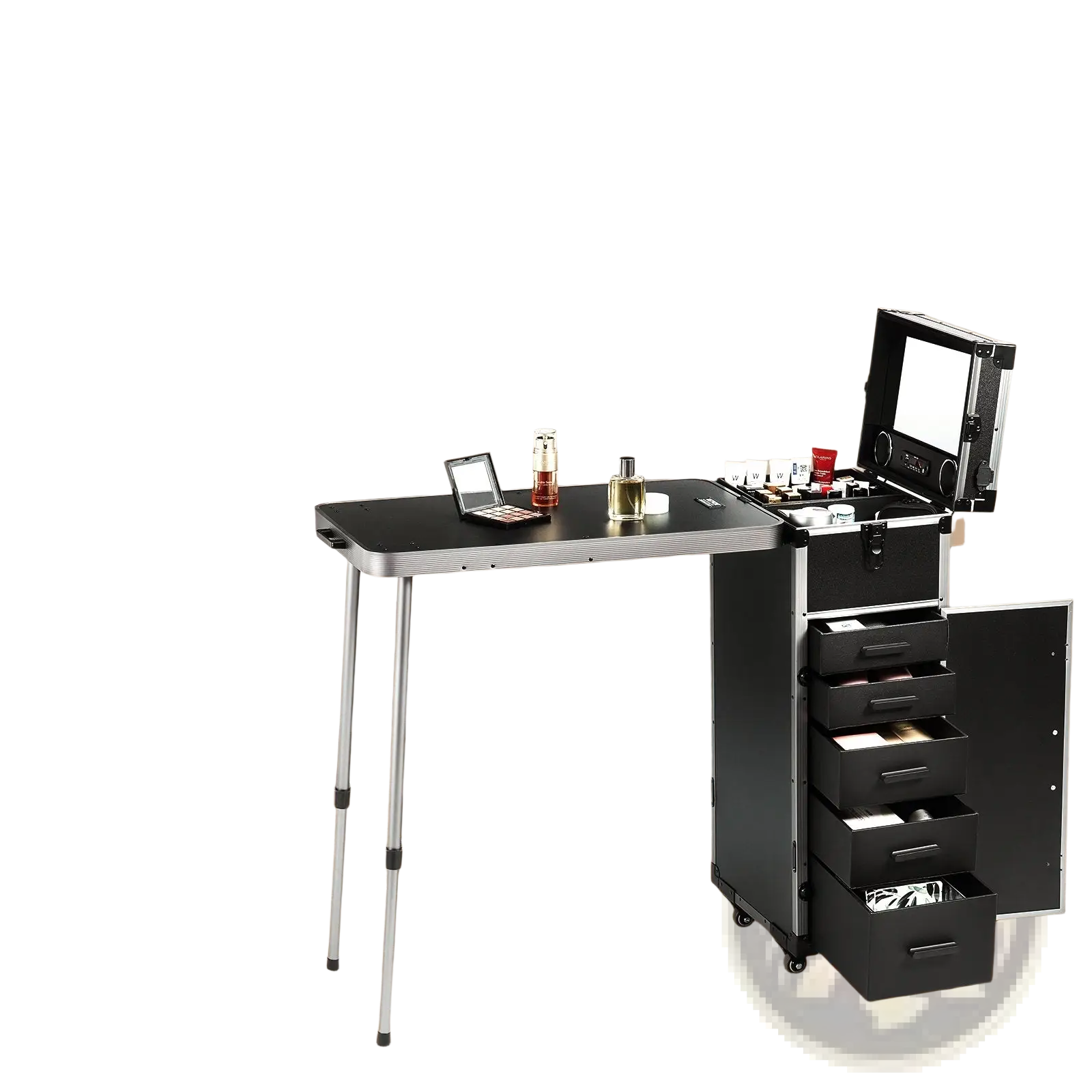 Professional makeup train case in black and silver with foldable table, multiple drawers, wheels, and Bluetooth speaker