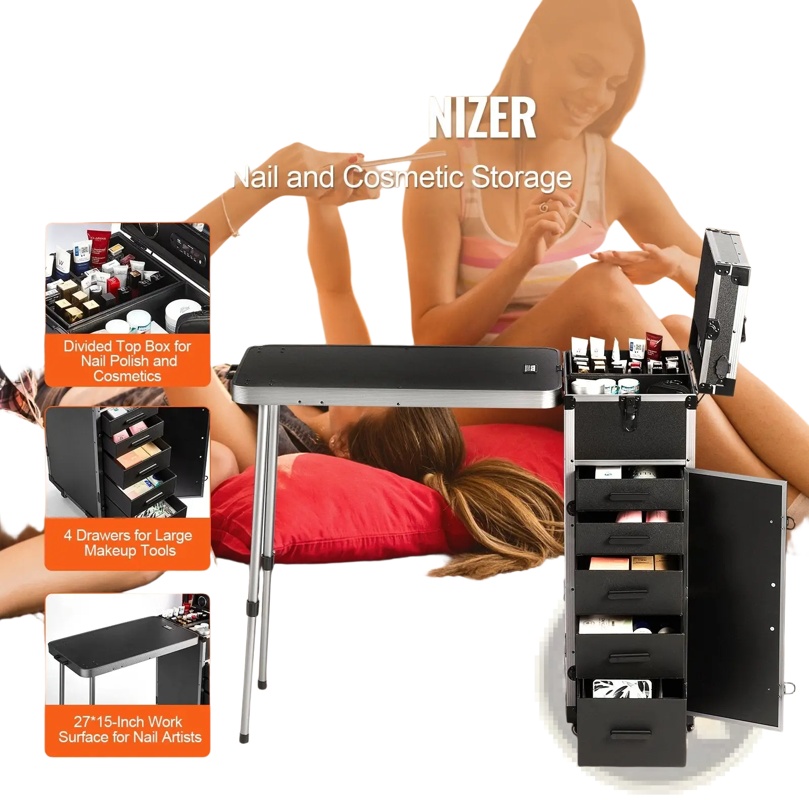 Black and silver Vevor extra-large professional makeup train case with Bluetooth speaker, 27 by 15 inch work surface, four drawers, nail polish box