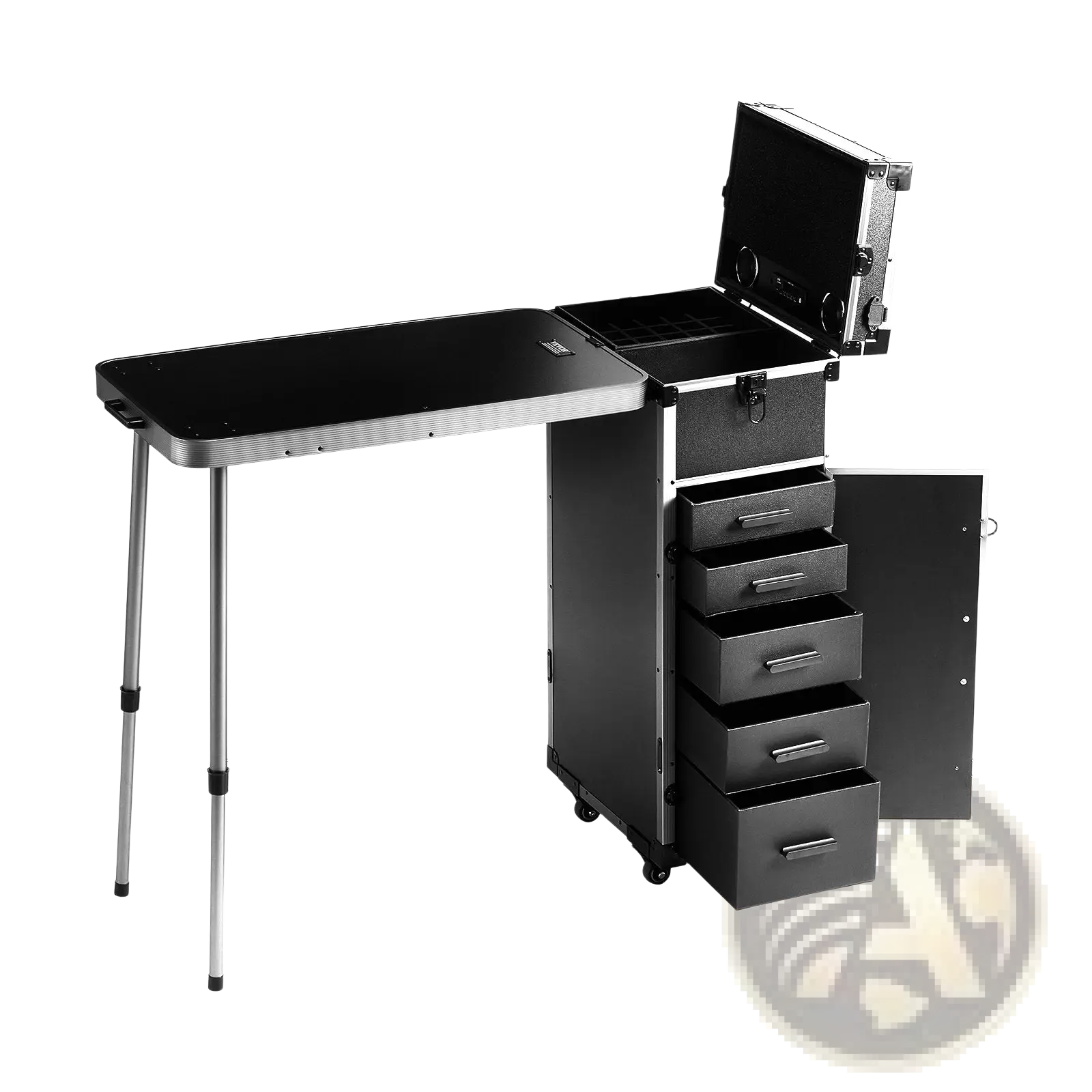 Black professional makeup train case with adjustable aluminum legs, built-in storage drawers, and wheels for mobility