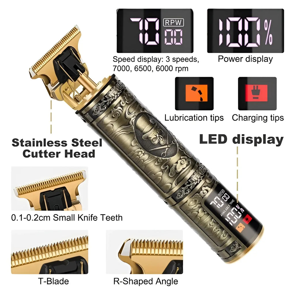 Professional mens gold cordless hair clippers with intricate engraving and digital display for speed and power levels