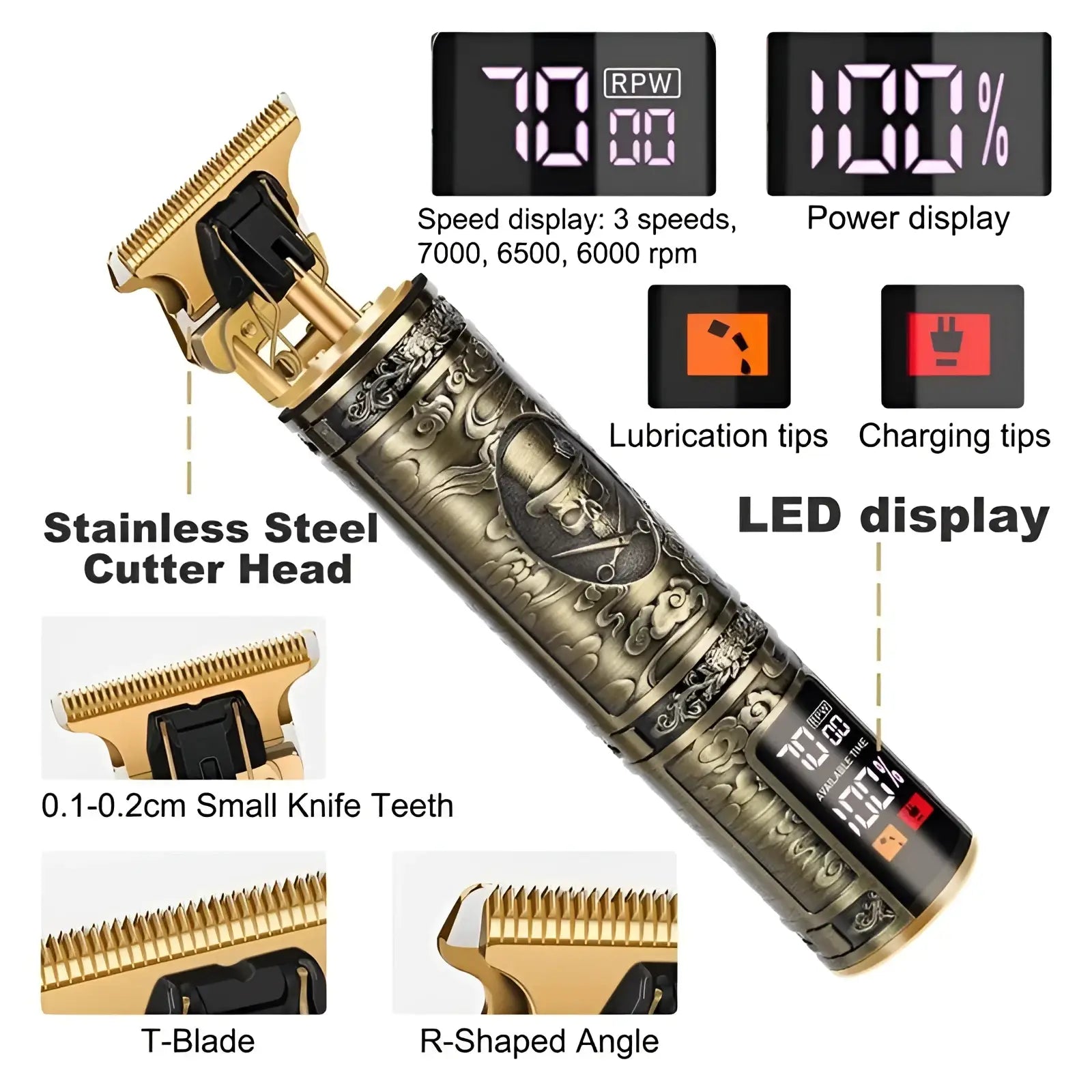 Professional mens gold cordless hair clippers with intricate engraving and digital display for speed and power levels