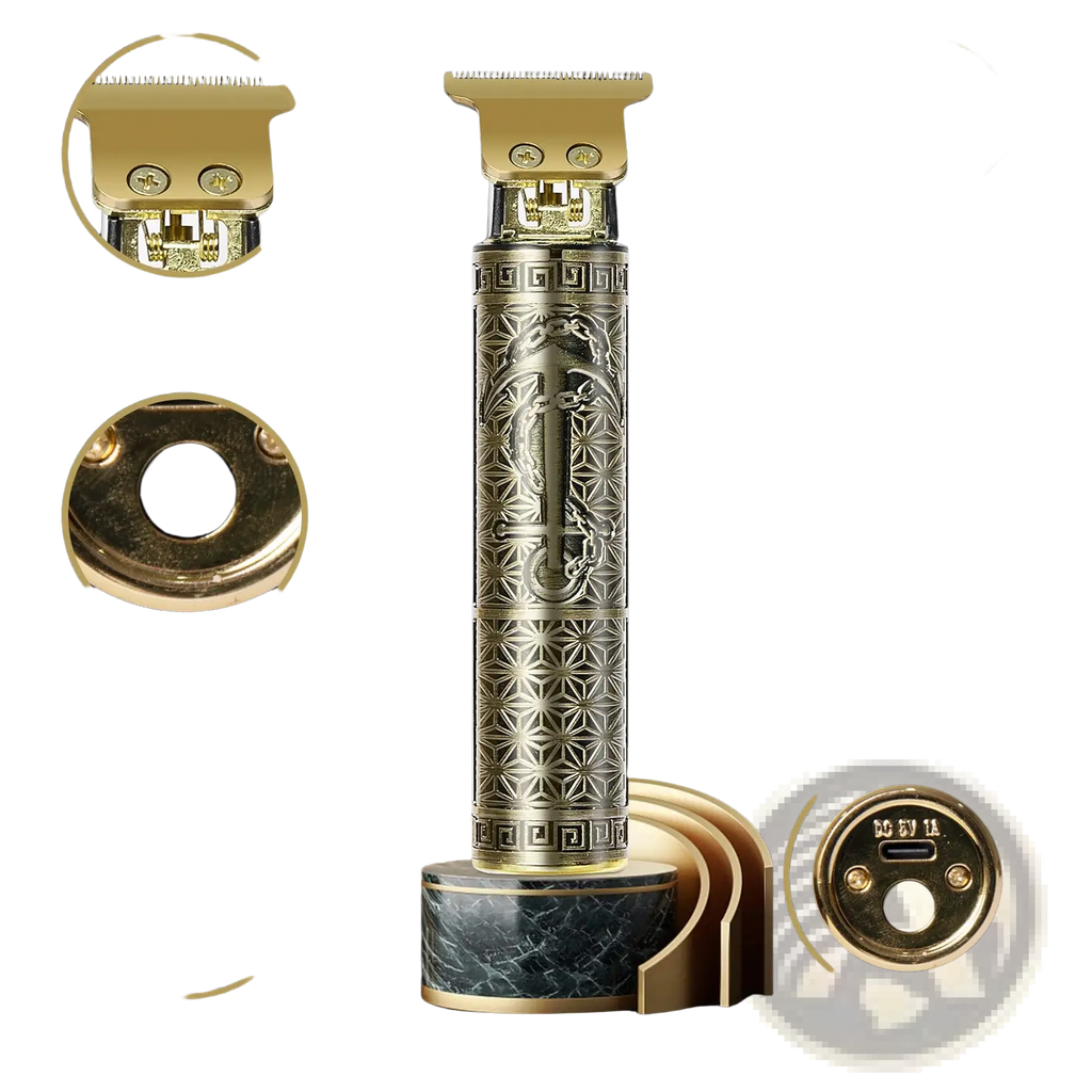 Professional mens gold cordless electric hair trimmer with intricate dragon and geometric engravings on metal body