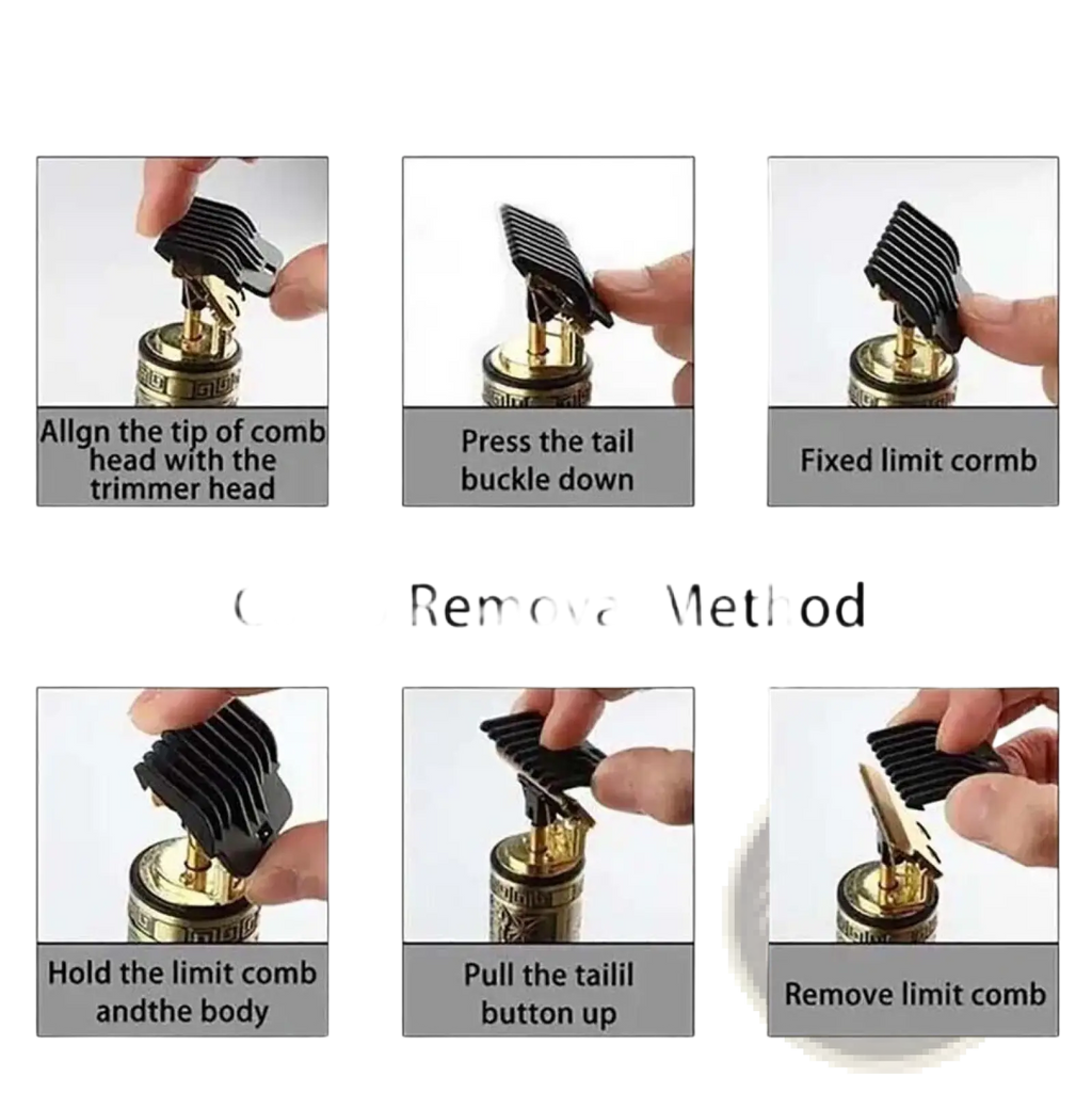 Black plastic comb attachment for professional mens gold cordless hair clippers used for trimming hair
