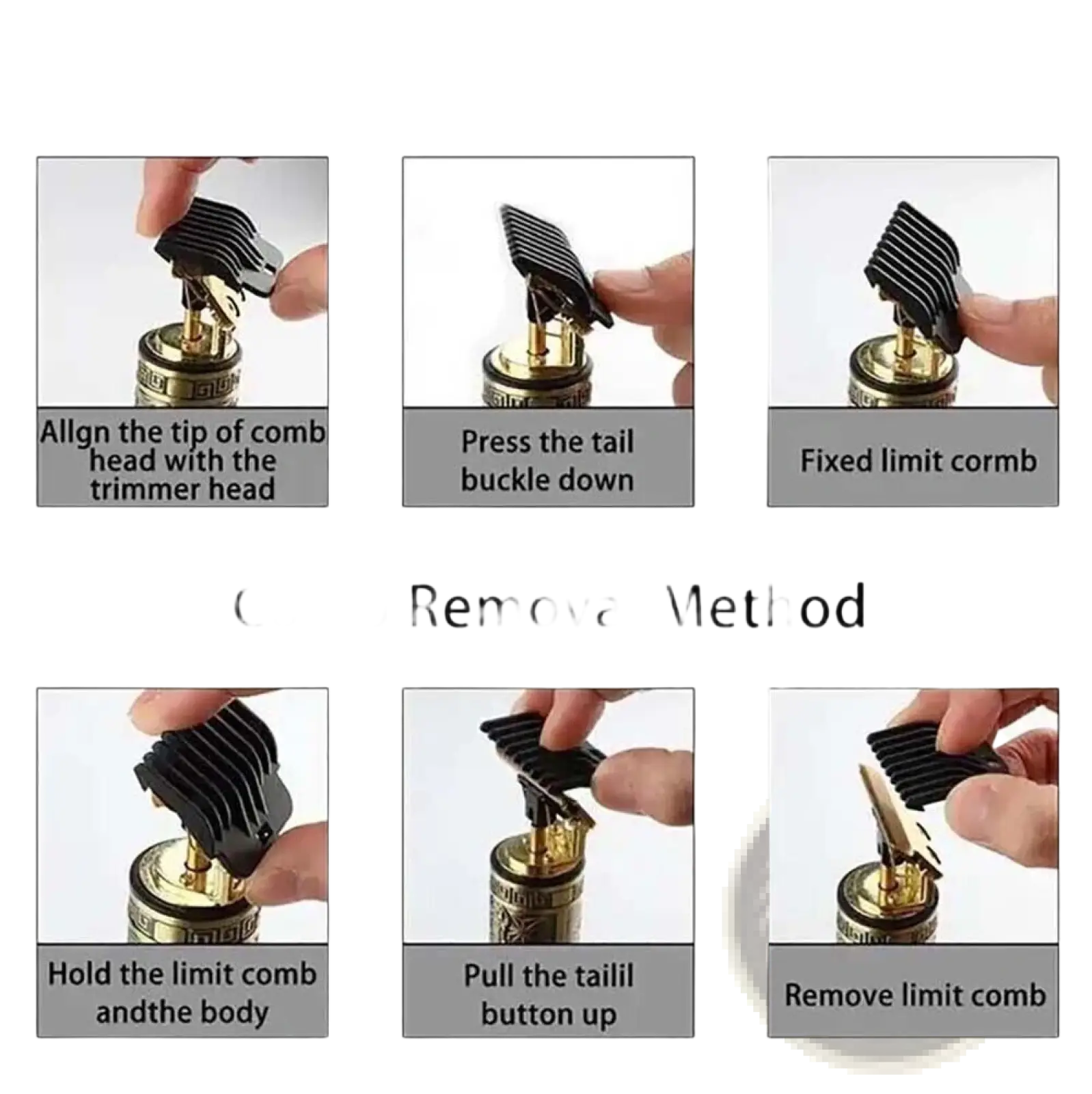 Black plastic comb attachment for professional mens gold cordless hair clippers used for trimming hair