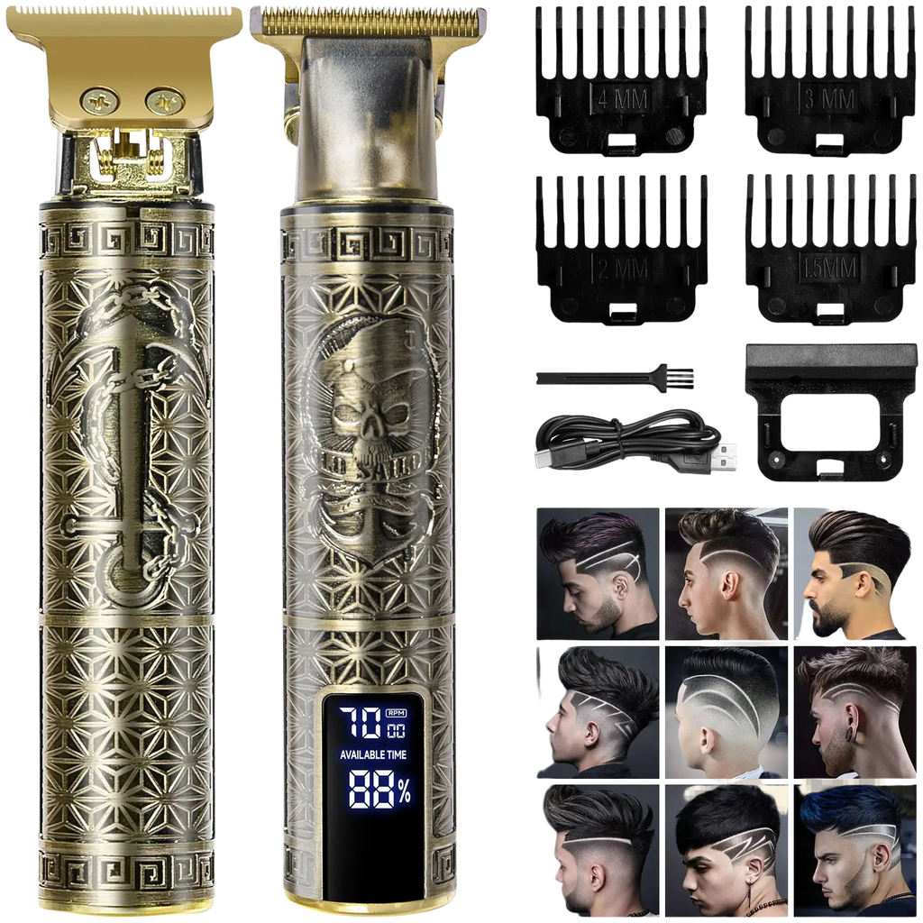 Professional mens hair clippers gold cordless trimmer with skull and geometric engravings and digital battery display