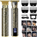 Professional mens hair clippers gold cordless trimmer with skull and geometric engravings and digital battery display