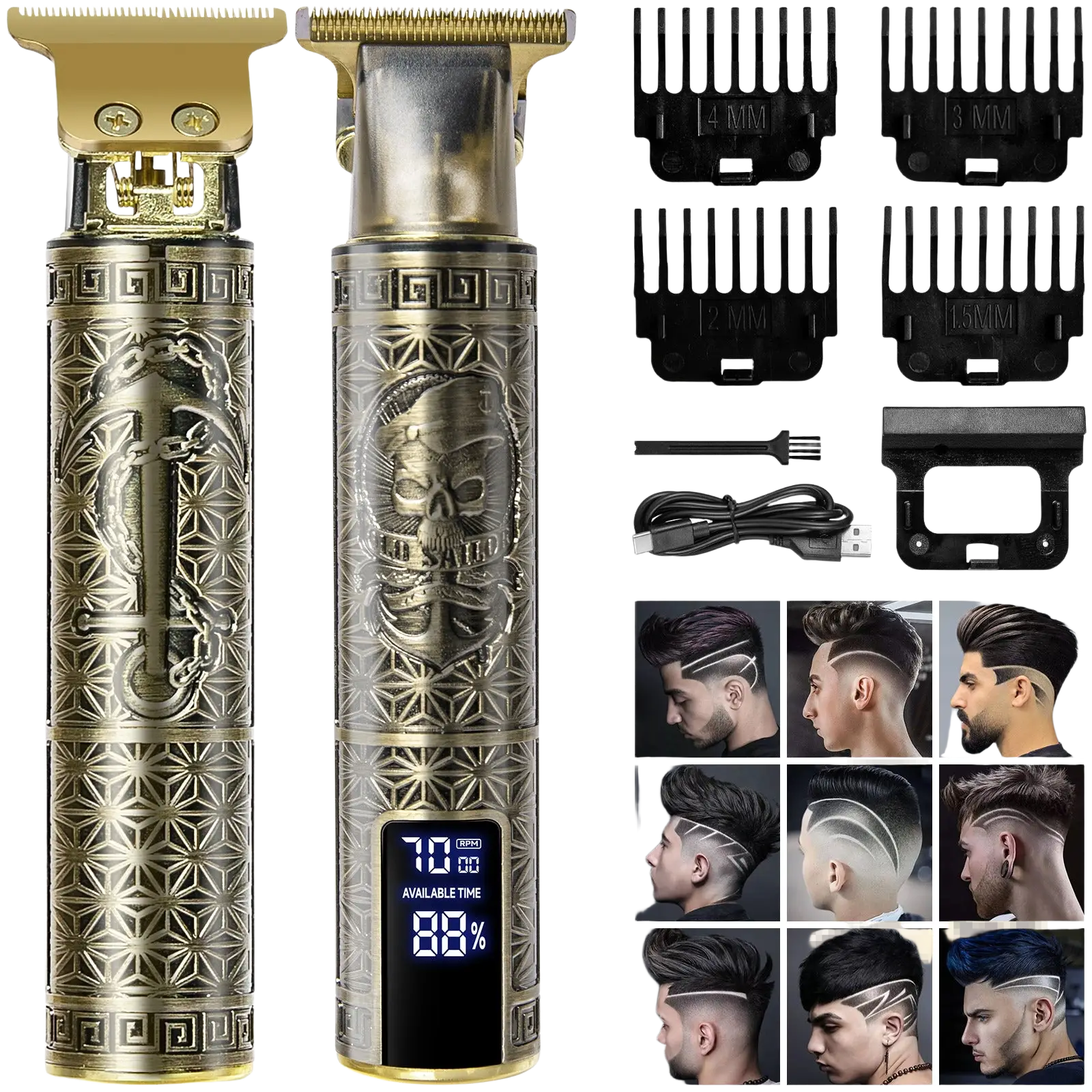 Professional mens hair clippers gold cordless trimmer with skull and geometric engravings and digital battery display