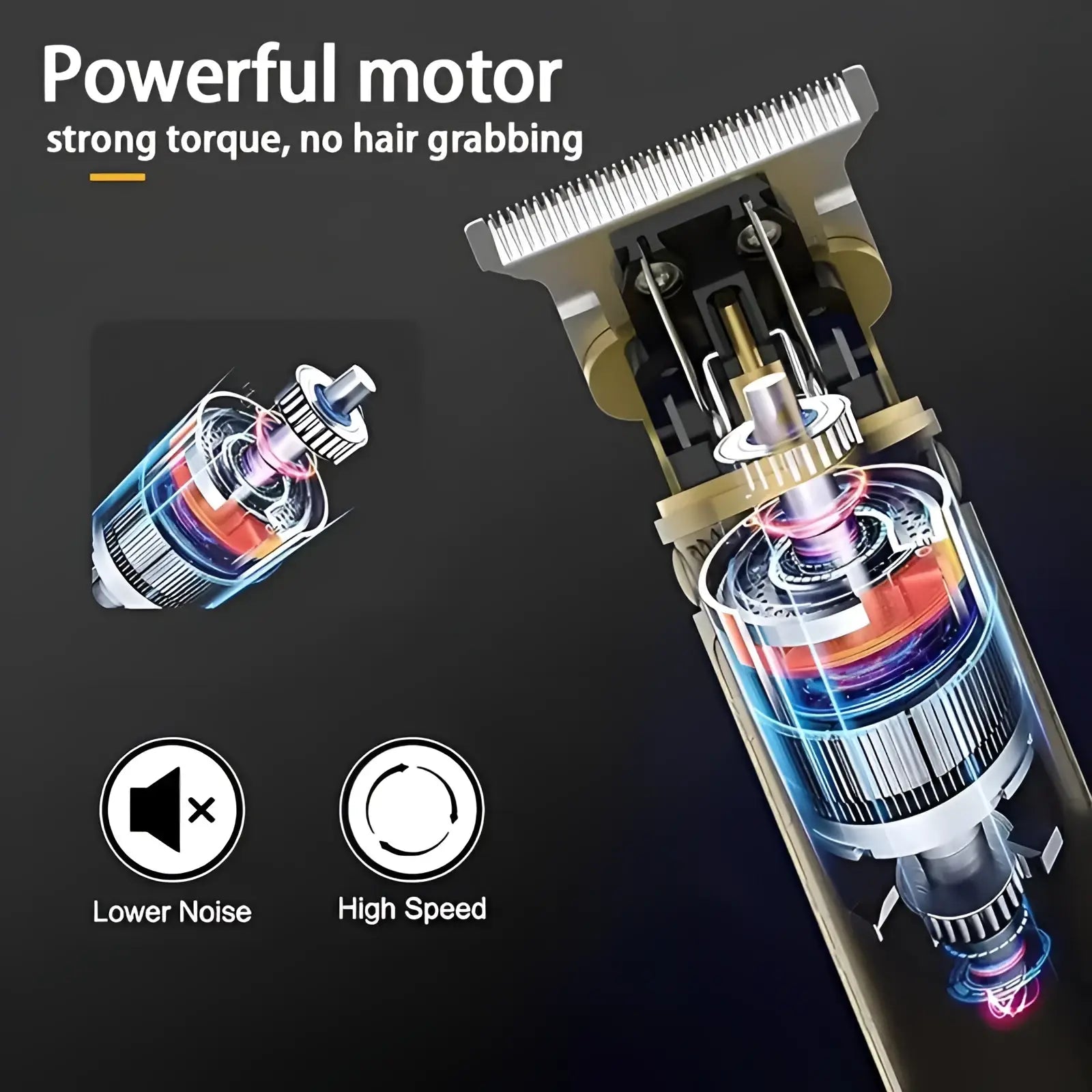 Professional mens gold and silver cordless electric hair trimmer with visible motor housing for precise clipping