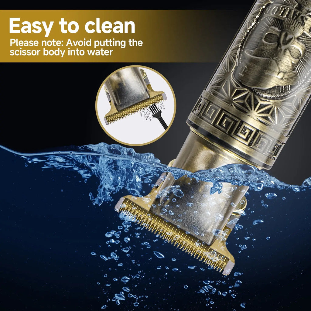 Professional mens hair clippers gold cordless trimmer with gold-toned engraved skull and geometric patterns on metal body
