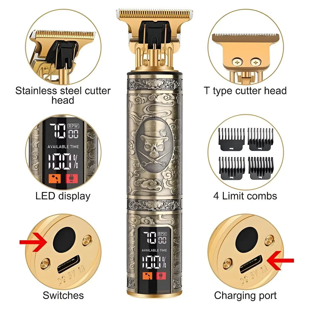 Professional mens gold-plated cordless electric hair trimmer with ornate silver engraving and skull-and-crossbones design