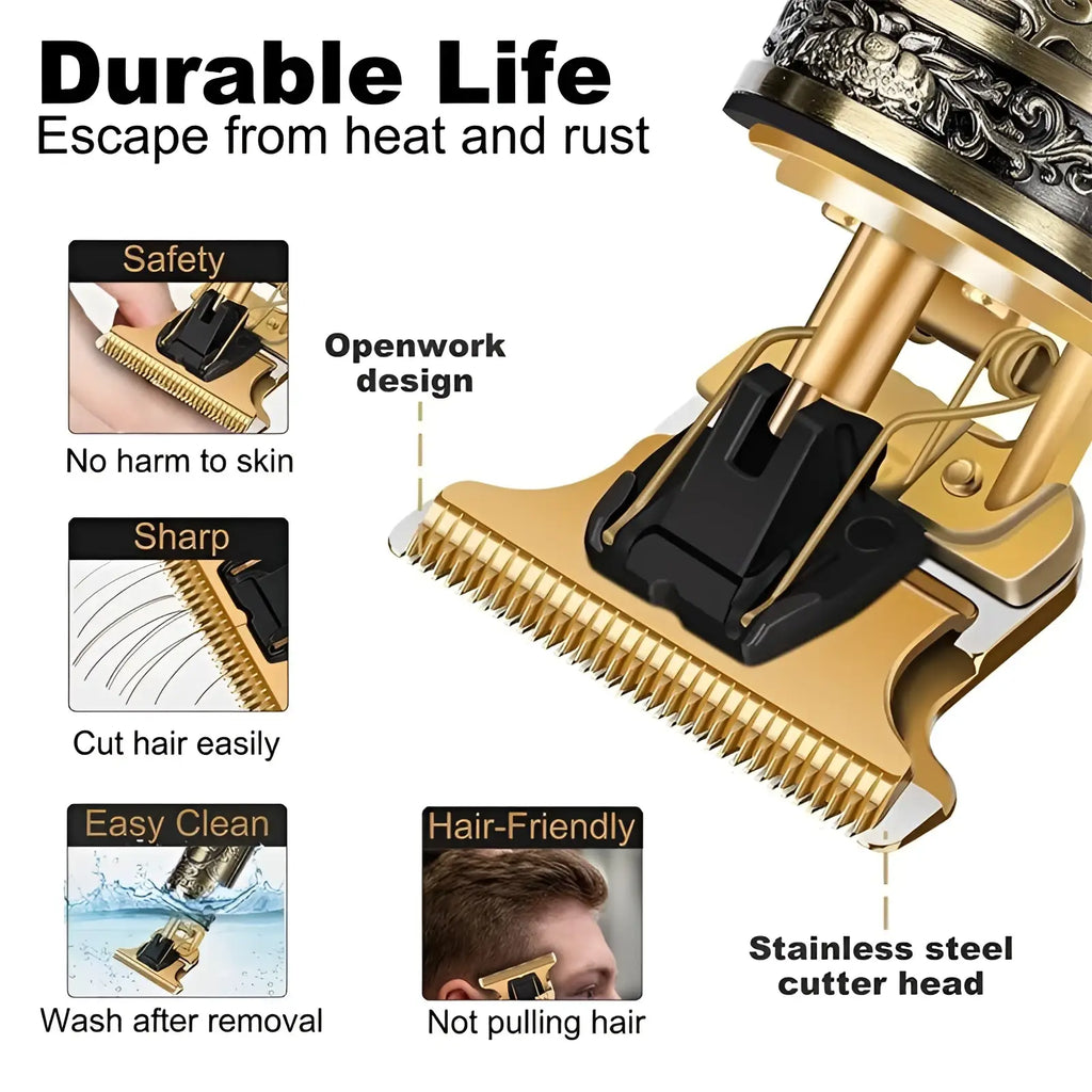 Professional mens hair clippers gold cordless trimmer with gold metal body, black guard, and ornate handle accents