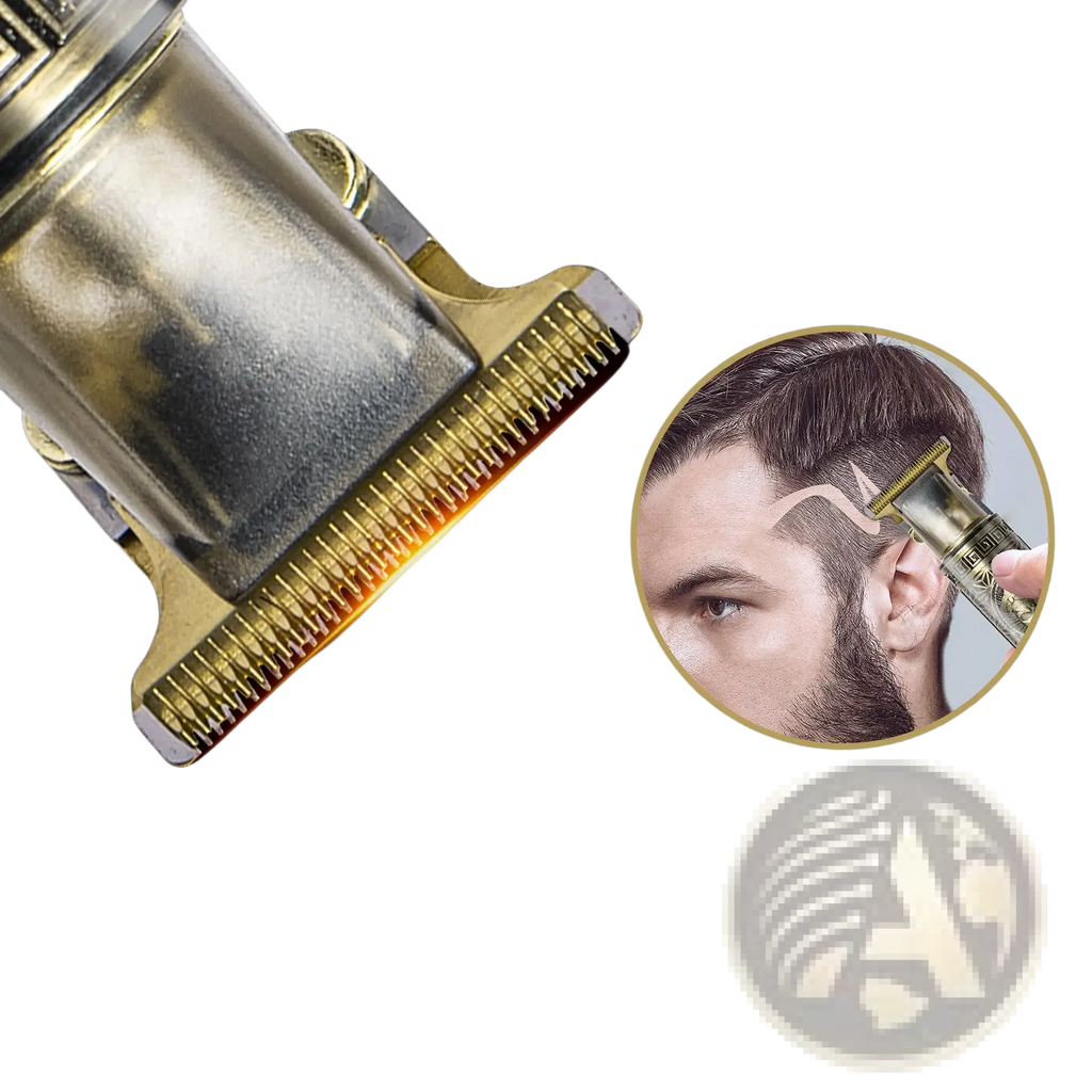 Stainless steel electric hair clipper head with polished gold finish and precision-cutting blades for professional mens grooming