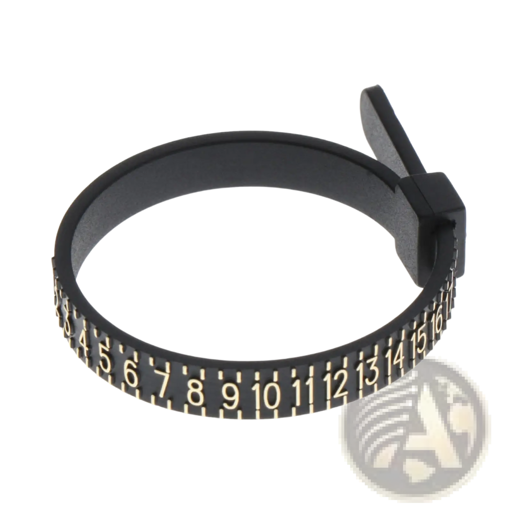 Professional multi scale ring and bracelet sizer gauge tool featuring a black plastic bracelet with gold numerical markings and clasp