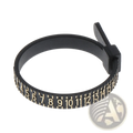 Professional multi scale ring and bracelet sizer gauge tool featuring a black plastic bracelet with gold numerical markings and clasp