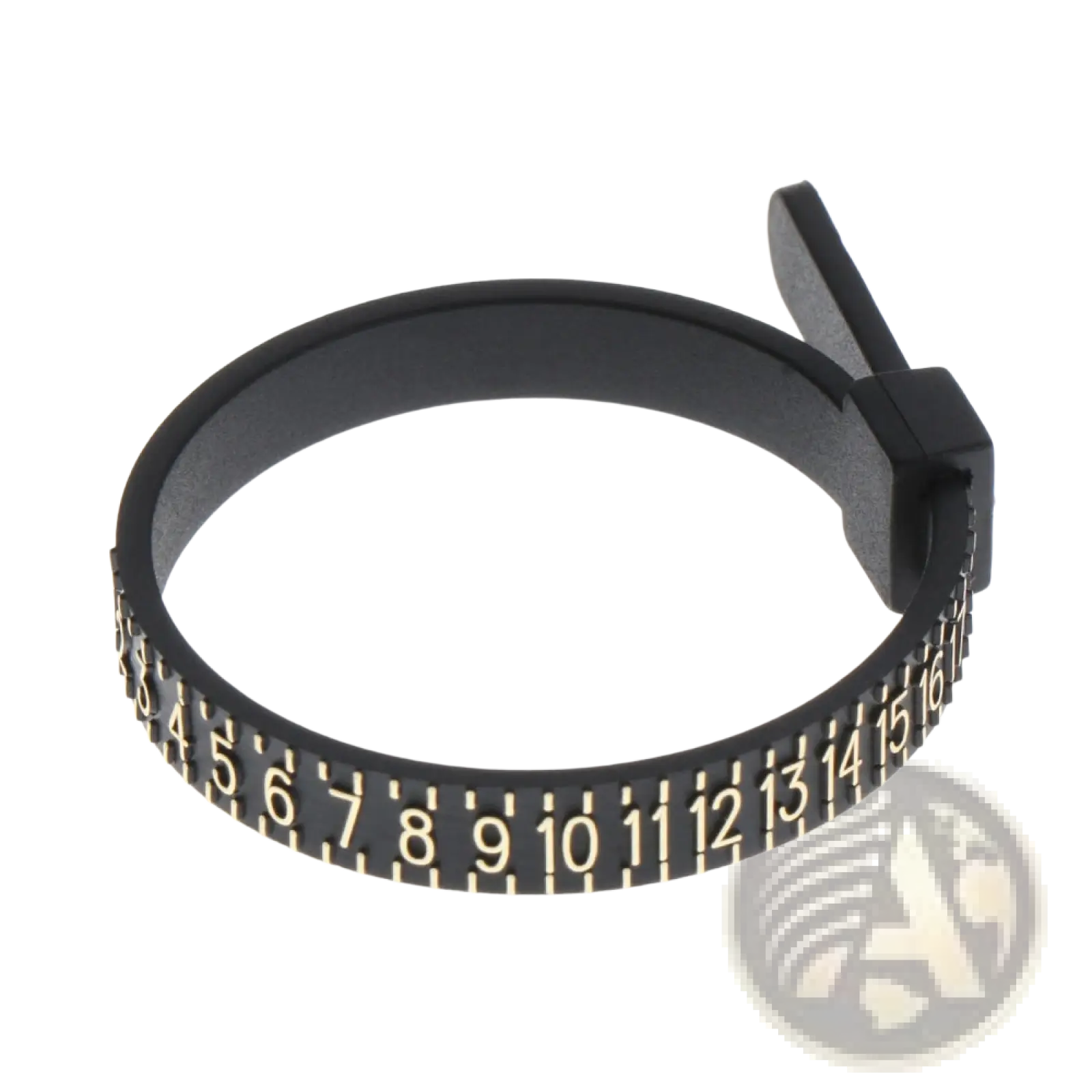 Professional multi scale ring and bracelet sizer gauge tool featuring a black plastic bracelet with gold numerical markings and clasp