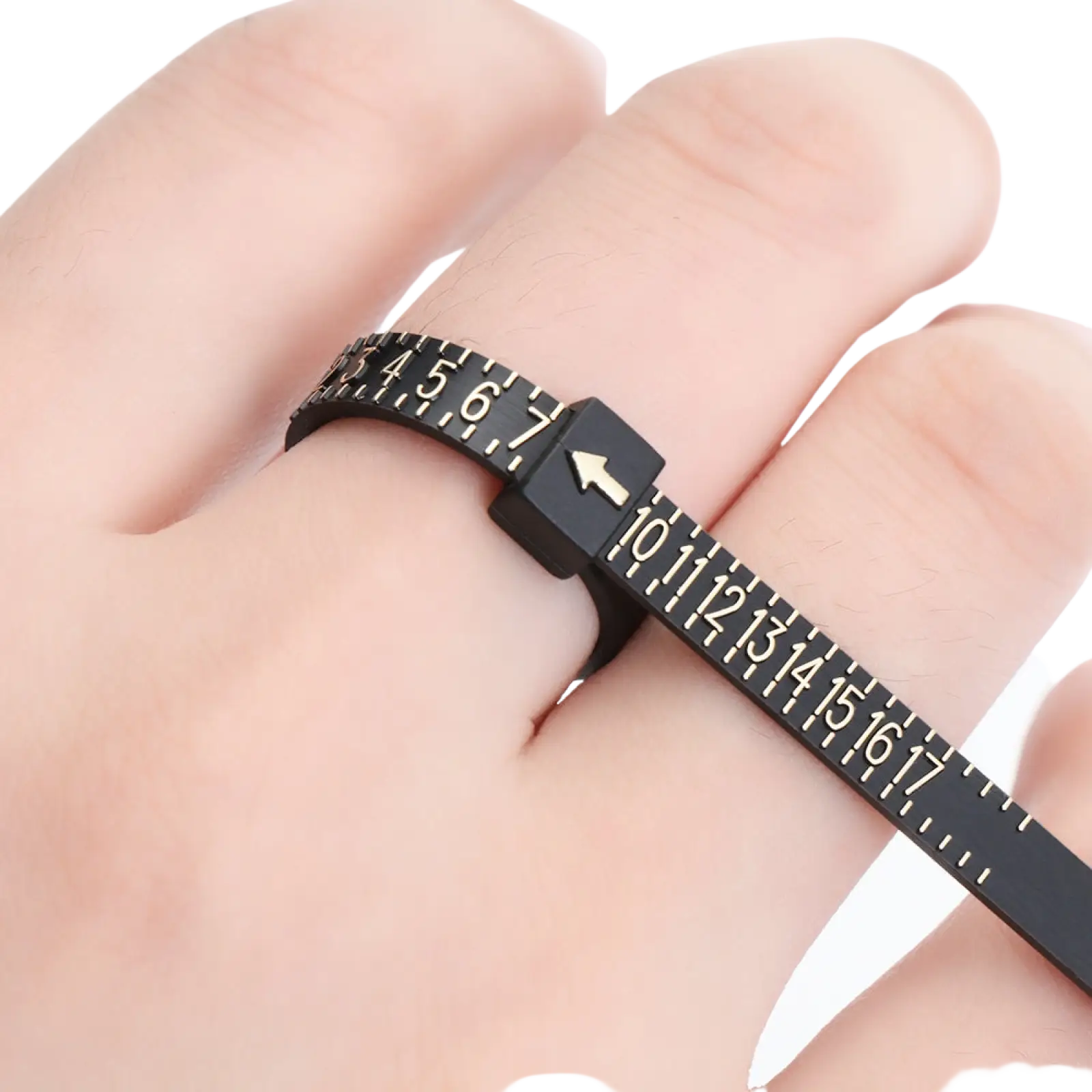 Professional multi scale ring and bracelet sizer gauge tool black plastic ring sizer with white numerical markings and arrow indicator
