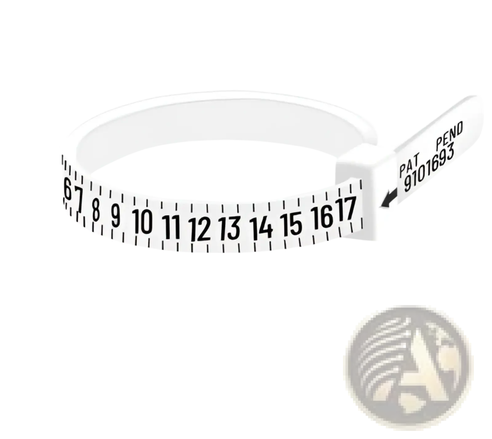 White plastic professional multi scale ring and bracelet sizer gauge tool with black measurement markings and patent label