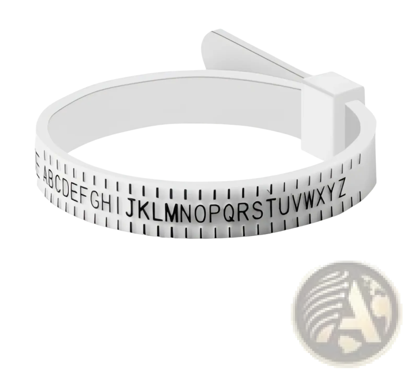 White plastic professional multi scale ring and bracelet sizer gauge tool with engraved letters and measurement markings