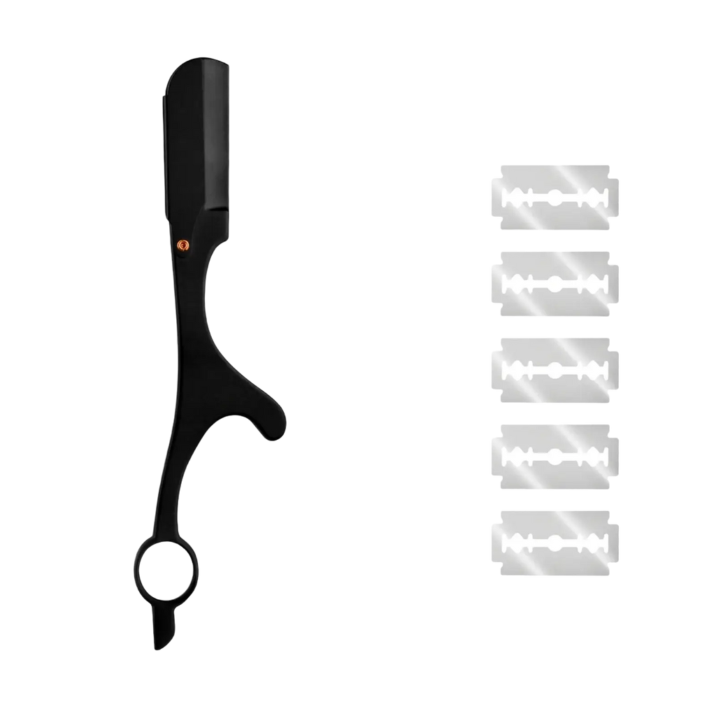 Black plastic professional ring handle straight edge razor with ten silver blades arranged beside it for barber use