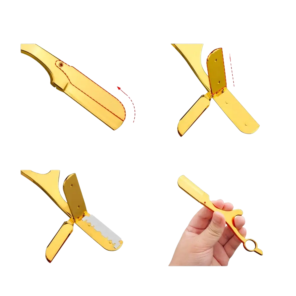 Gold-colored professional ring handle straight edge razor with metallic finish and ergonomic design for barbers use
