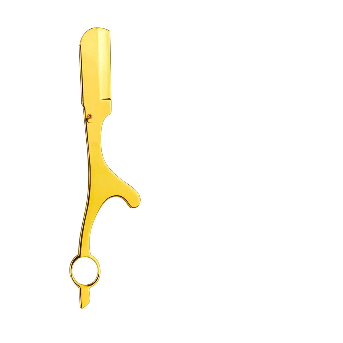 Professional ring handle straight edge razor with gold metallic finish and ten silver blades for precise shaving