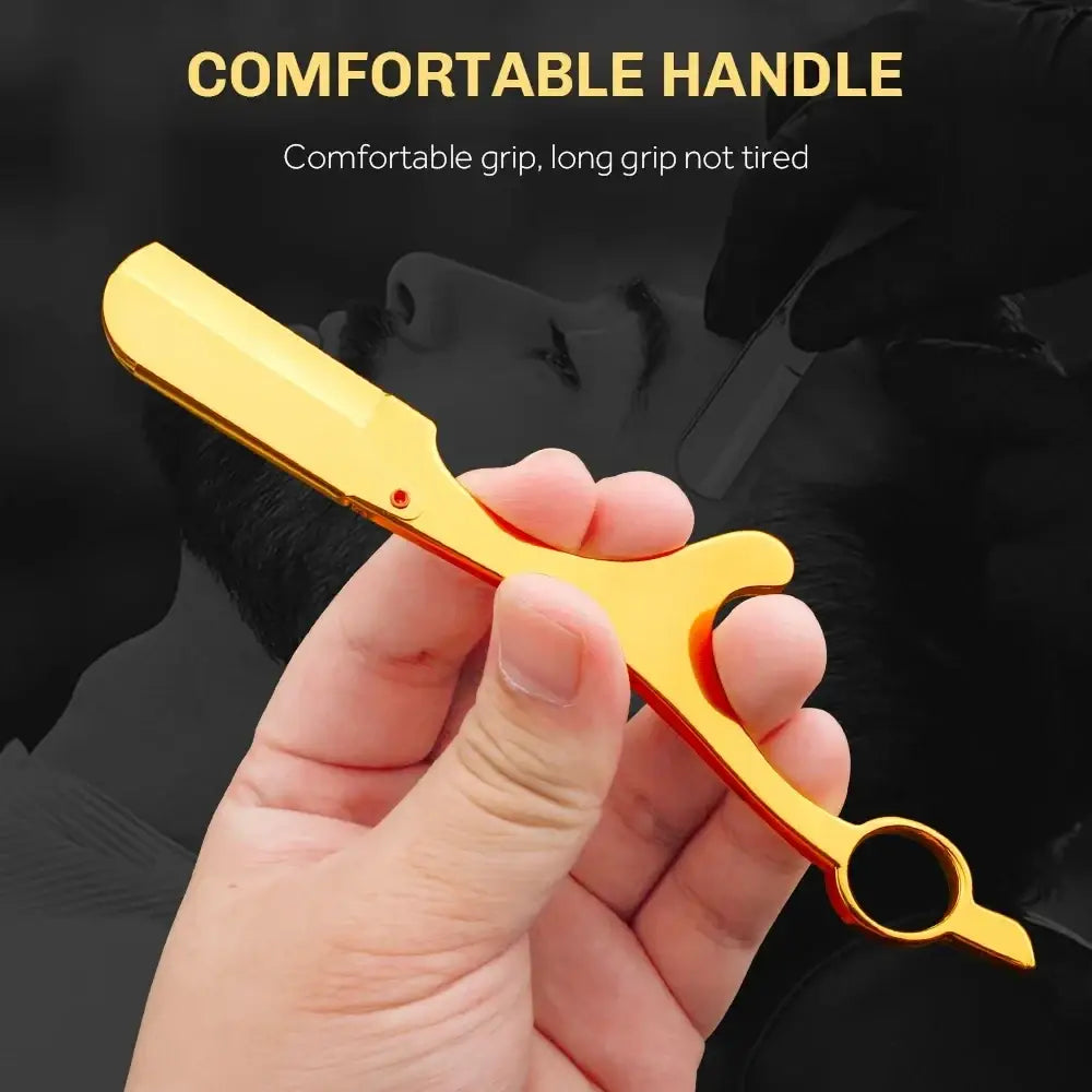 Professional ring handle straight edge razor in gold metal with ergonomic handle and circular finger loop for barbers