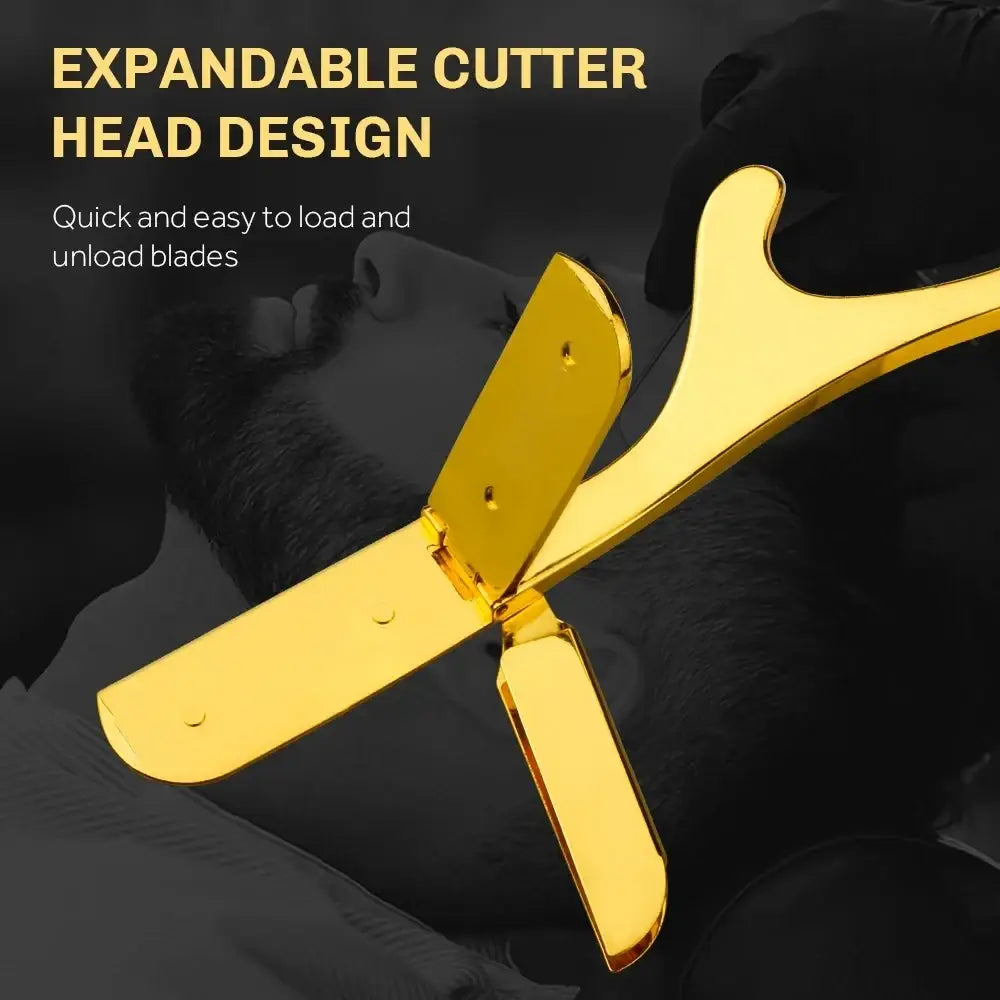 Professional ring handle straight edge razor in gold with dual blades and sleek metallic finish for barbers use