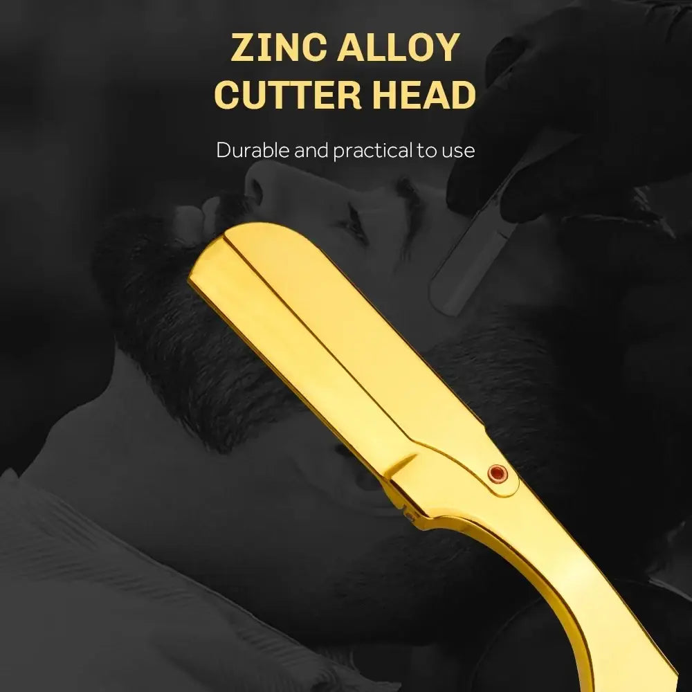 Professional ring handle straight edge razor with gold zinc alloy cutter head and red accent on the hinge