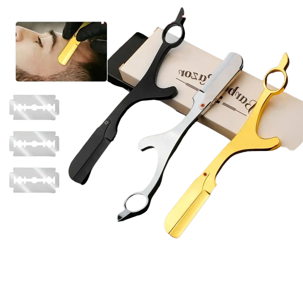 Set of three professional ring handle straight edge razors in black silver and gold with matching blades