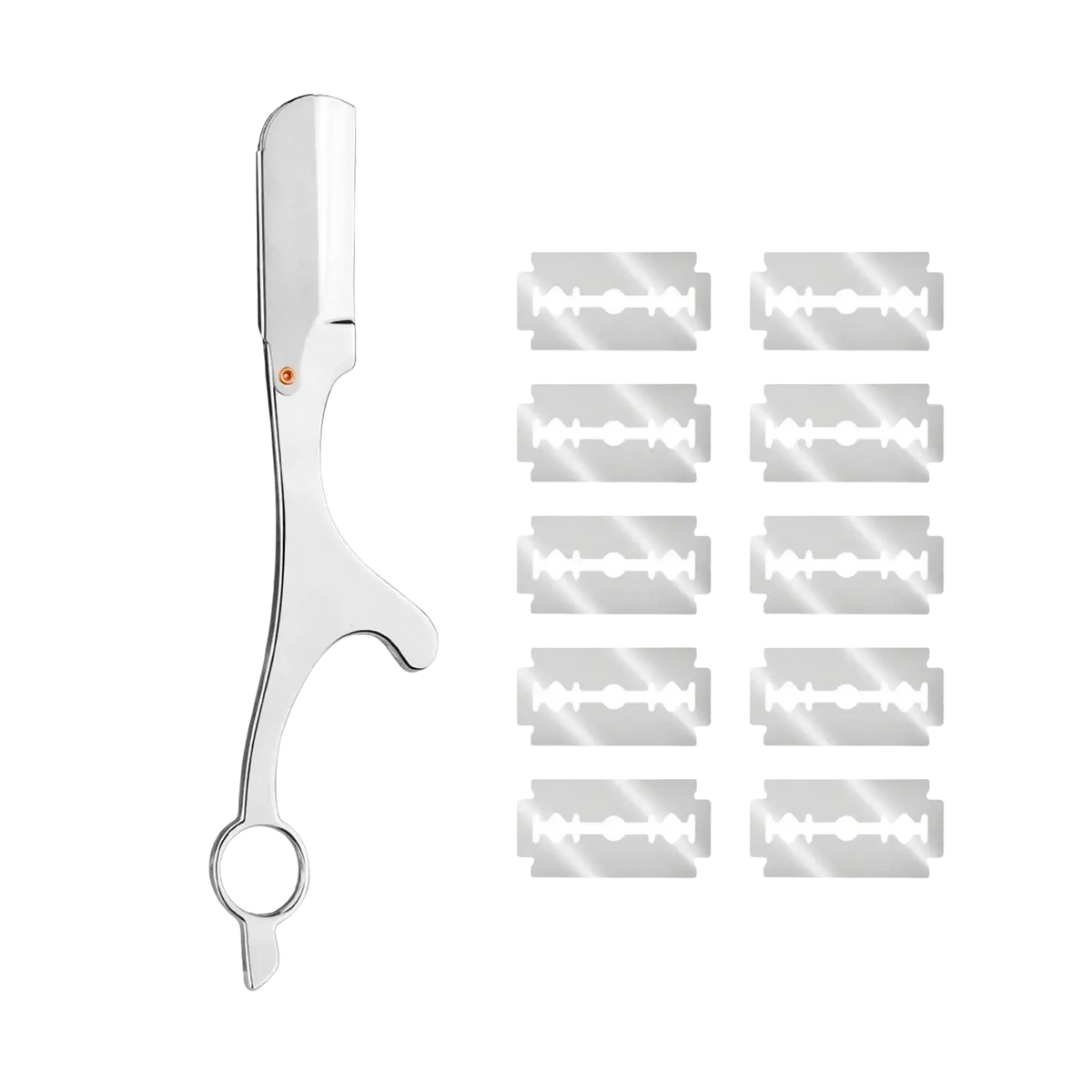 Professional ring handle straight edge razor in shiny silver with ergonomic handle and ten matching replacement blades