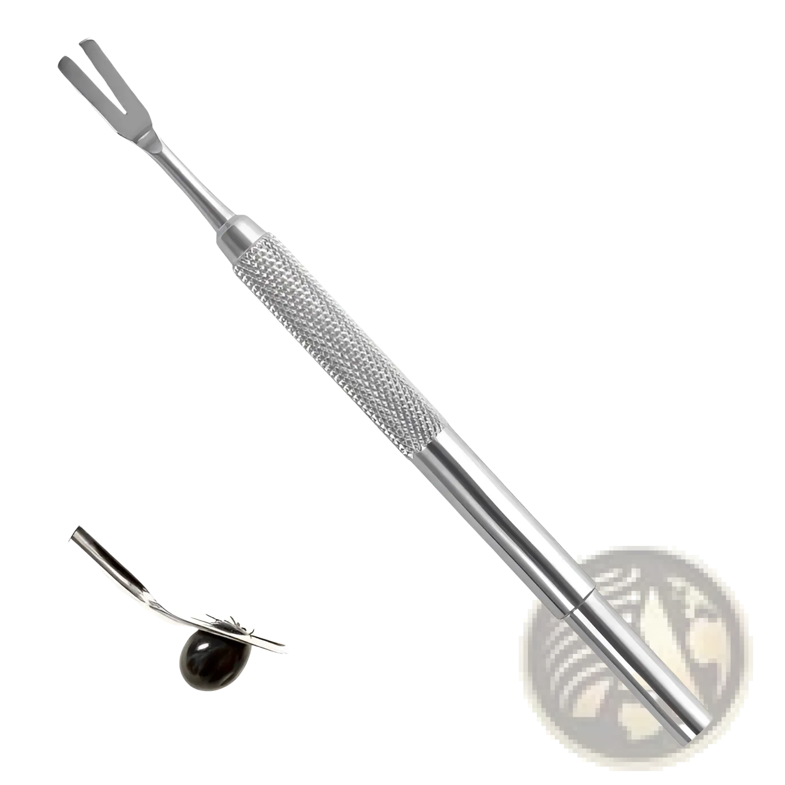 Professional stainless steel tick remover tool with silver-toned metal, textured grip, and dual-pronged tip