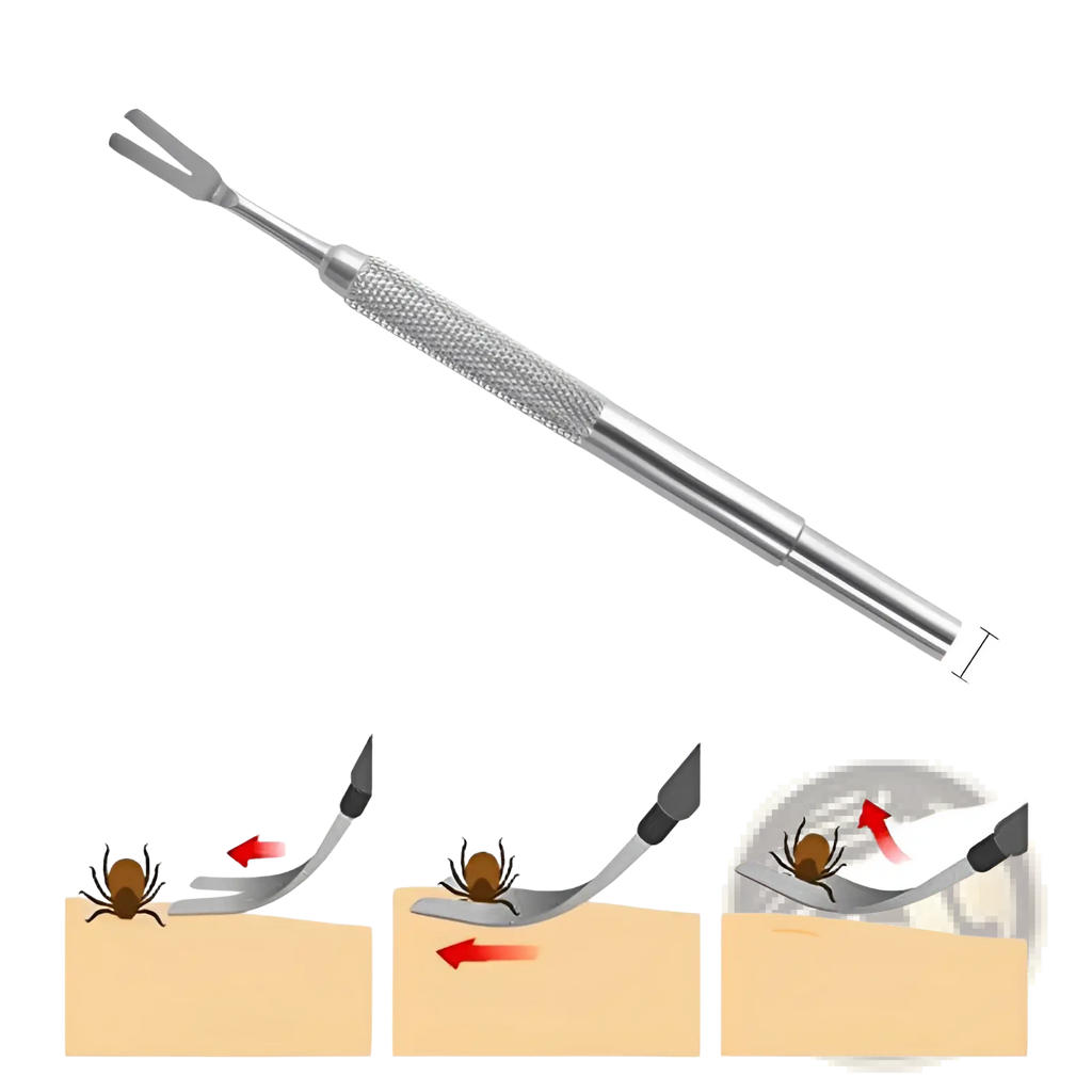 Professional stainless steel tick remover tool in silver with textured grip and dual-pronged tip for safe tick removal
