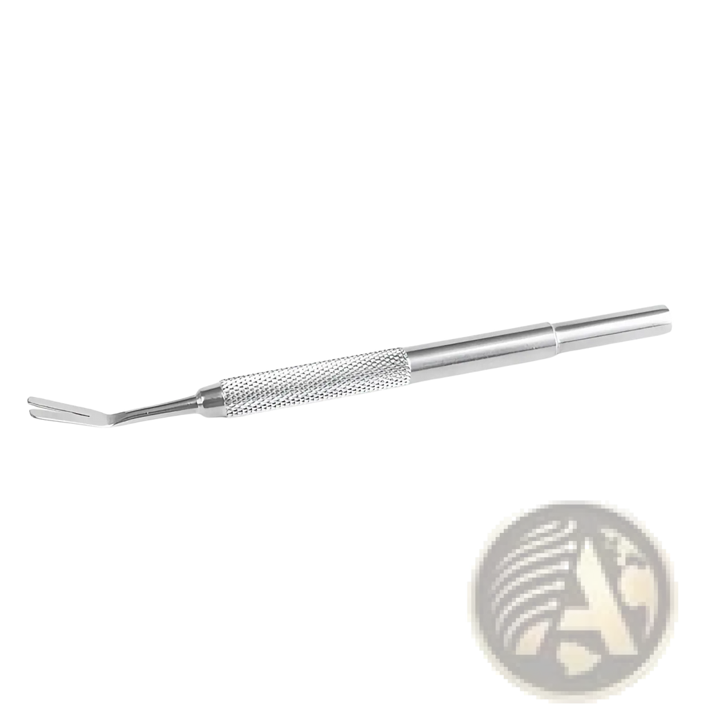 Professional stainless steel tick remover tool with silver metal, textured grip, and curved forked tip for easy use