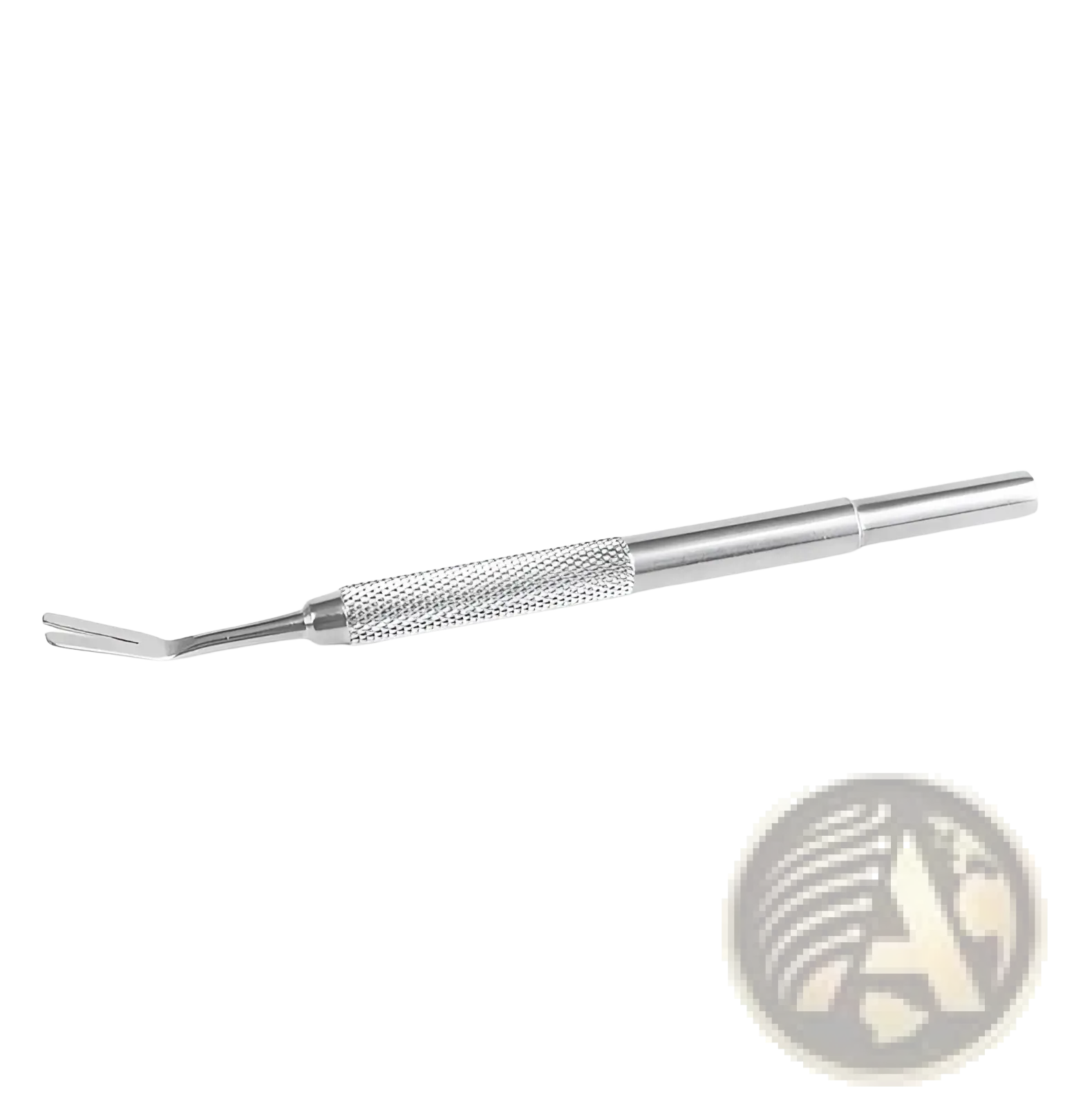 Professional stainless steel tick remover tool with silver metal, textured grip, and curved forked tip for easy use