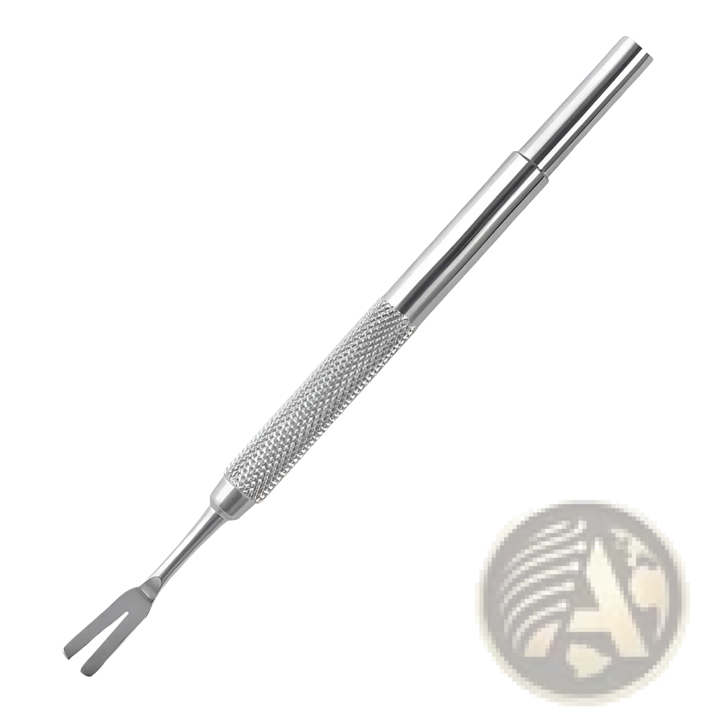 Professional stainless steel tick remover tool in silver tone with textured grip and forked tip for safe tick extraction